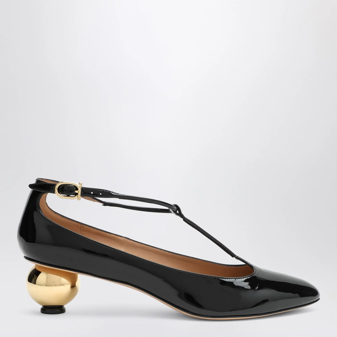 Ferragamo Black patent T-strap décolleté
