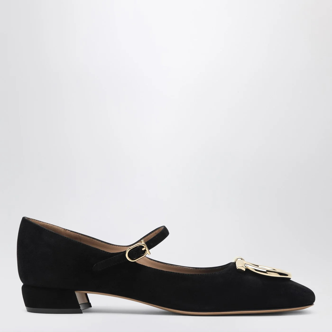 Ferragamo Black Gancini heeled ballerina in suede