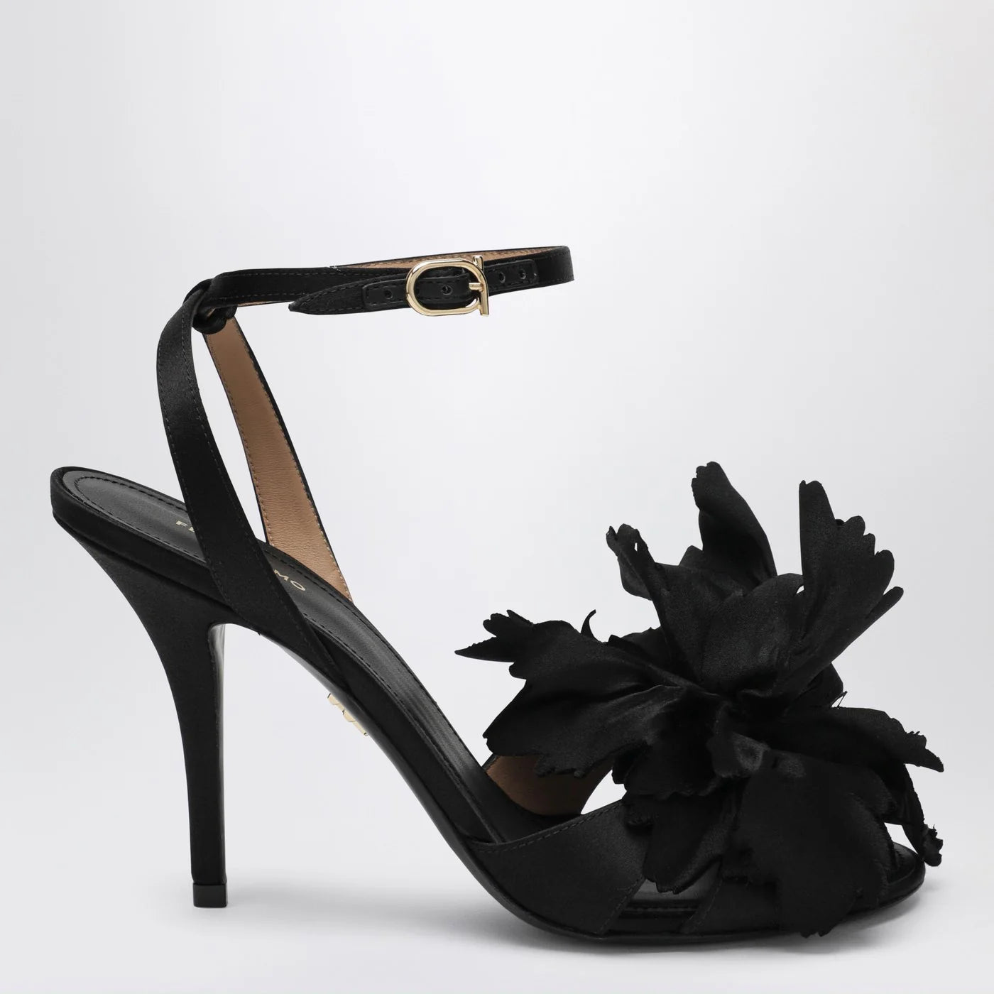 Ferragamo Black satin flower sandals