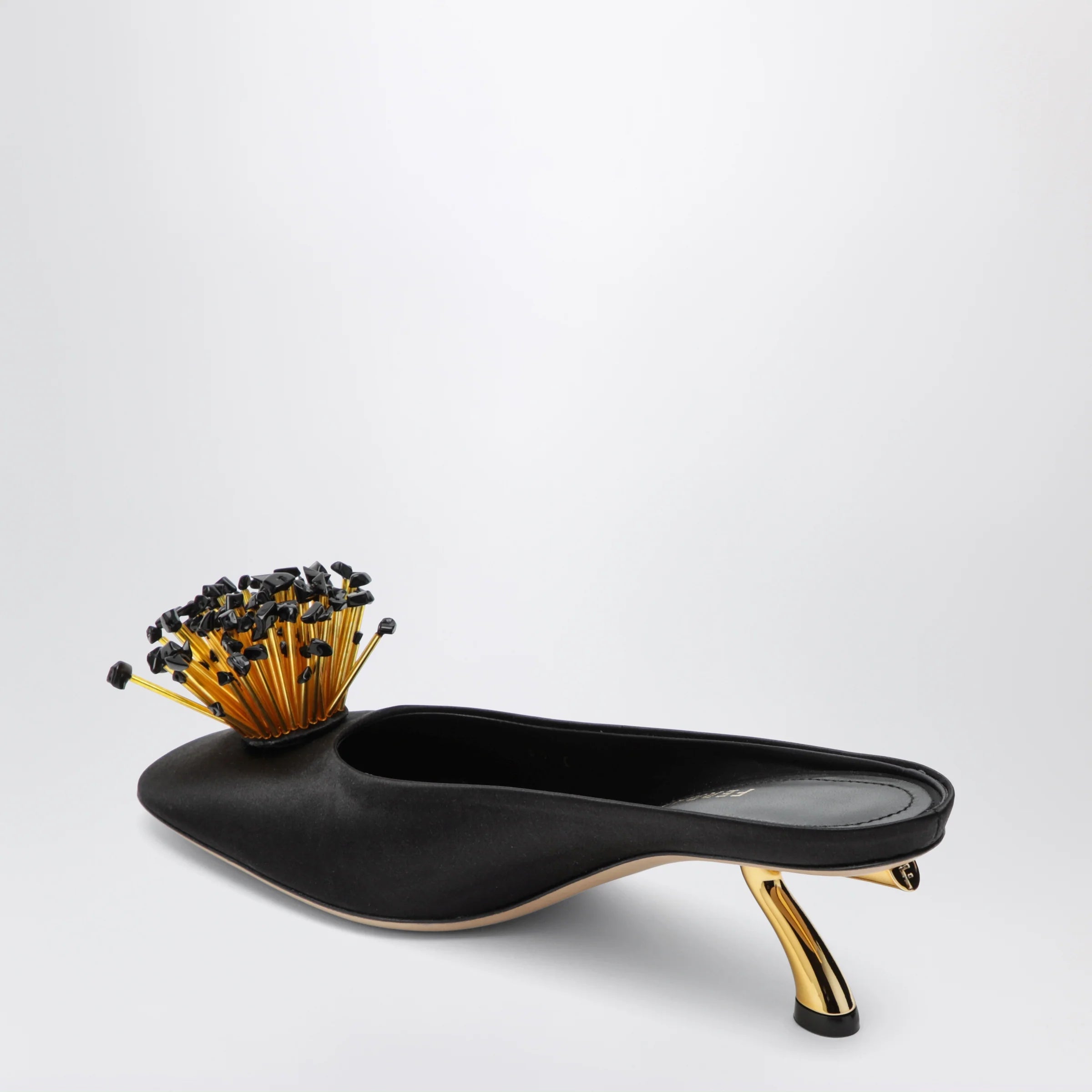 Ferragamo Black mules with sculptural heel and crystal flower