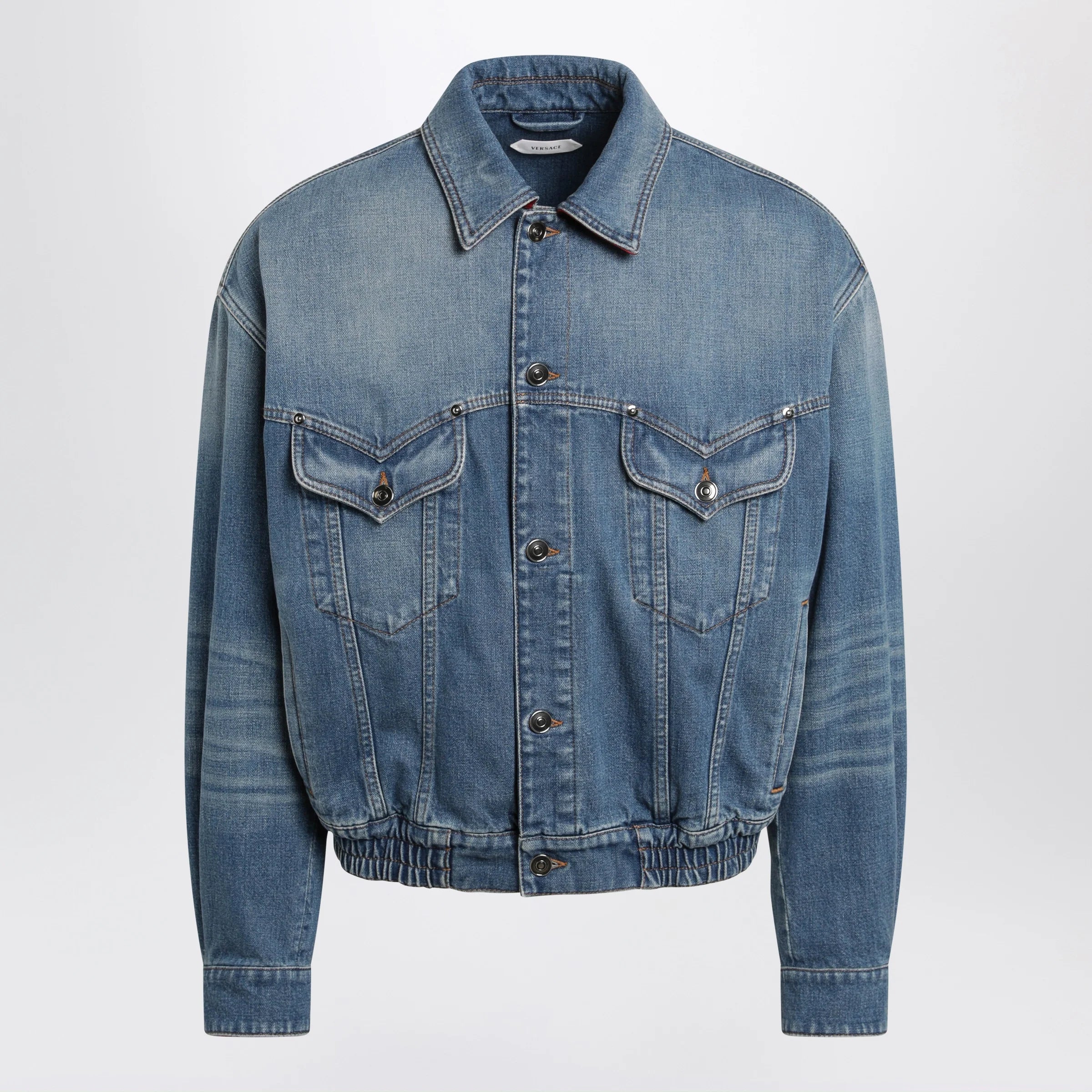 Versace Blue cotton denim jacket with red leather details