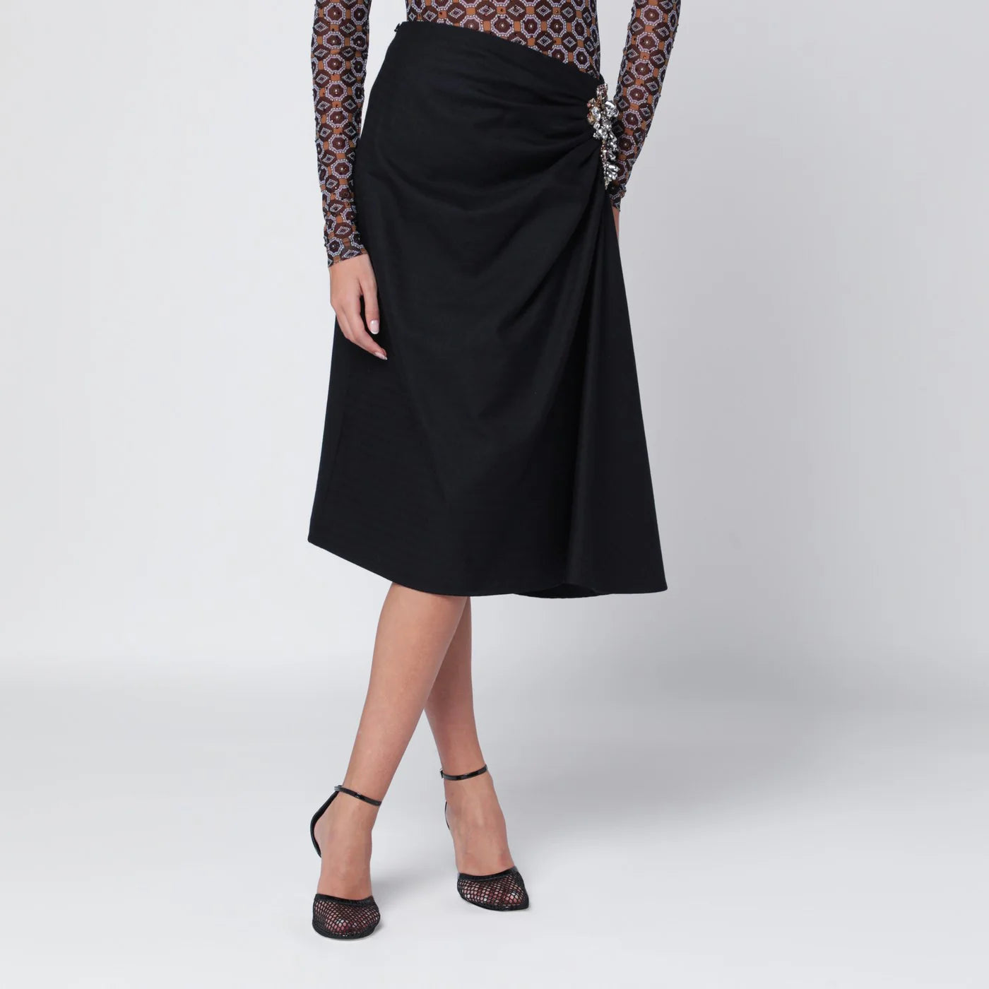 Dries Van Noten Navy blue draped skirt with brooch