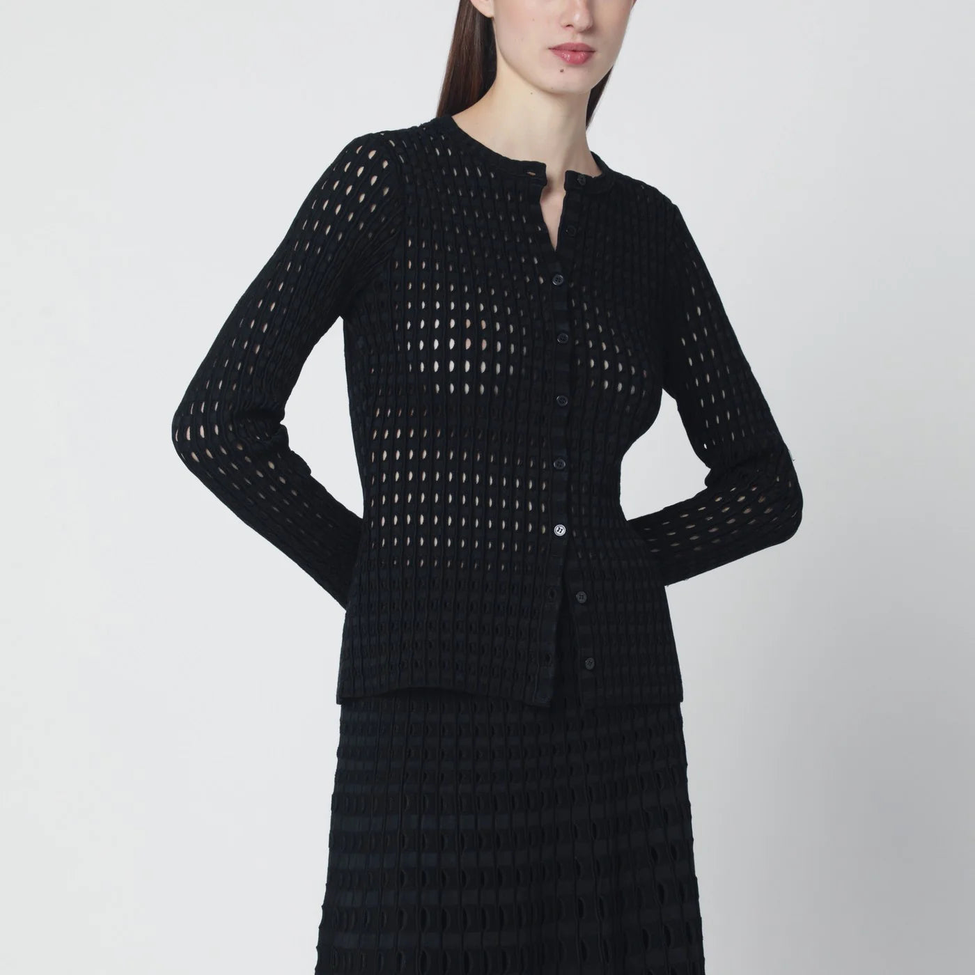 SIMKHAI Mabel black openwork knit cardigan