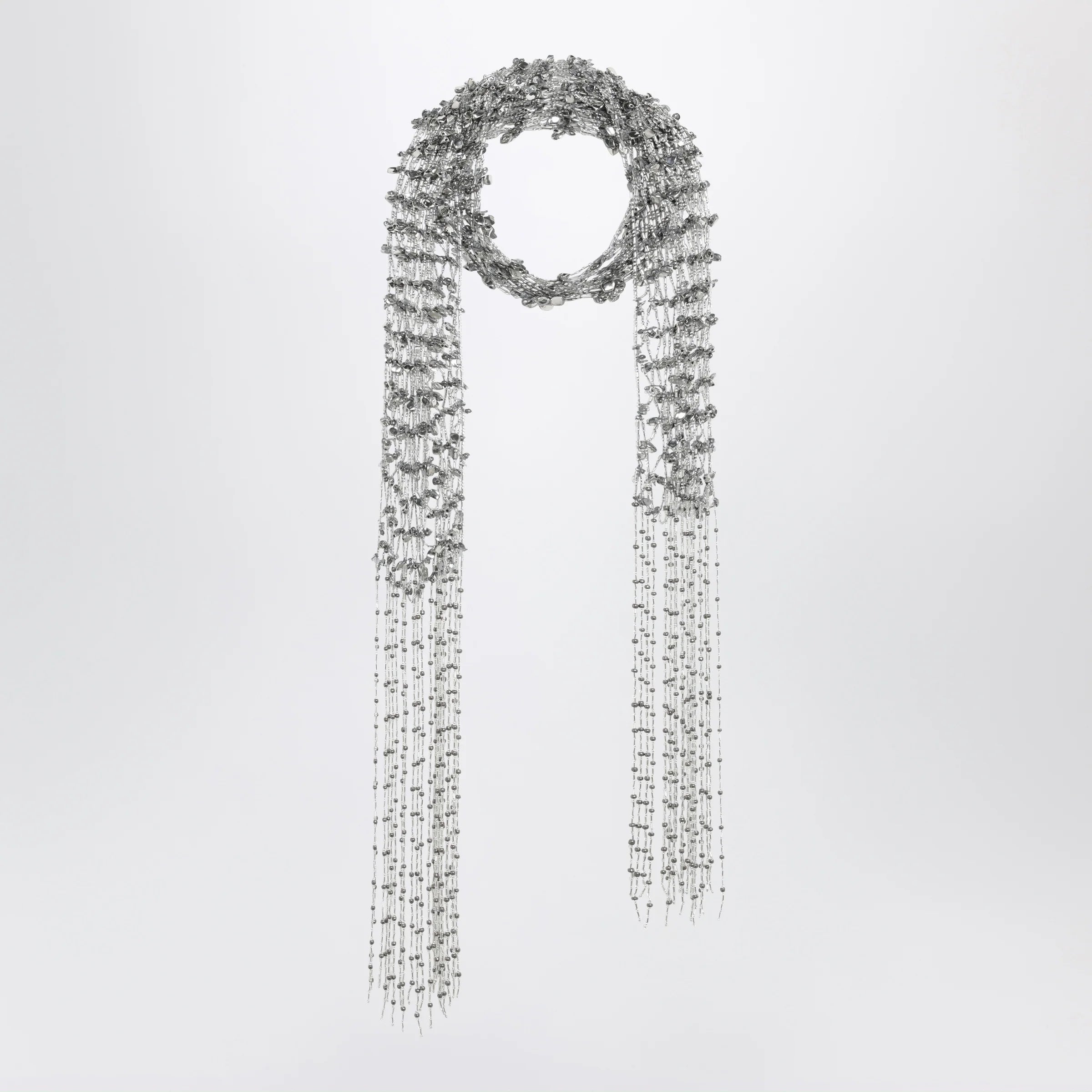 Dries Van Noten Silver beaded scarf with fringes