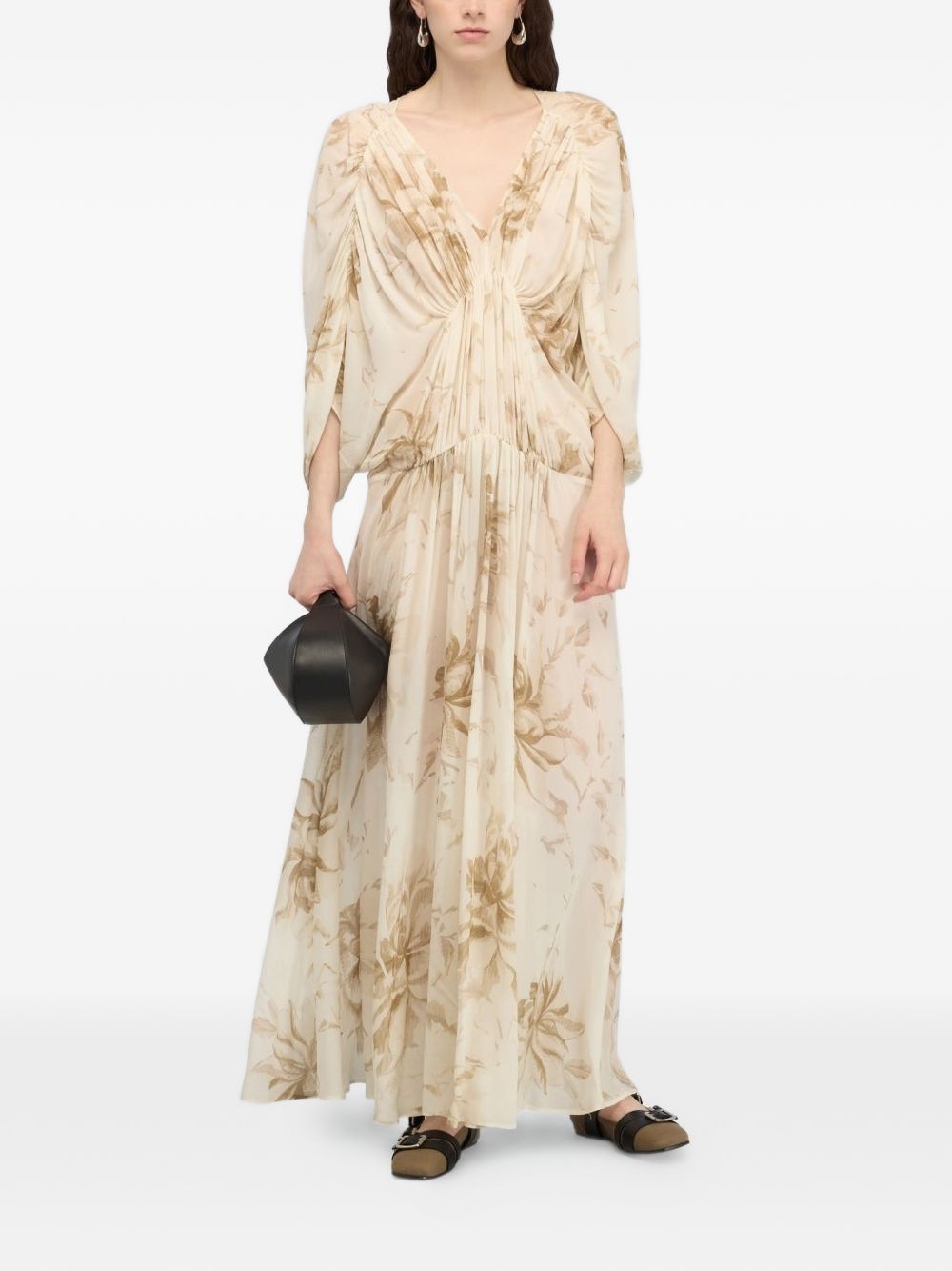 Semicouture V-neck gathered waist long sleeves Veronica long dress