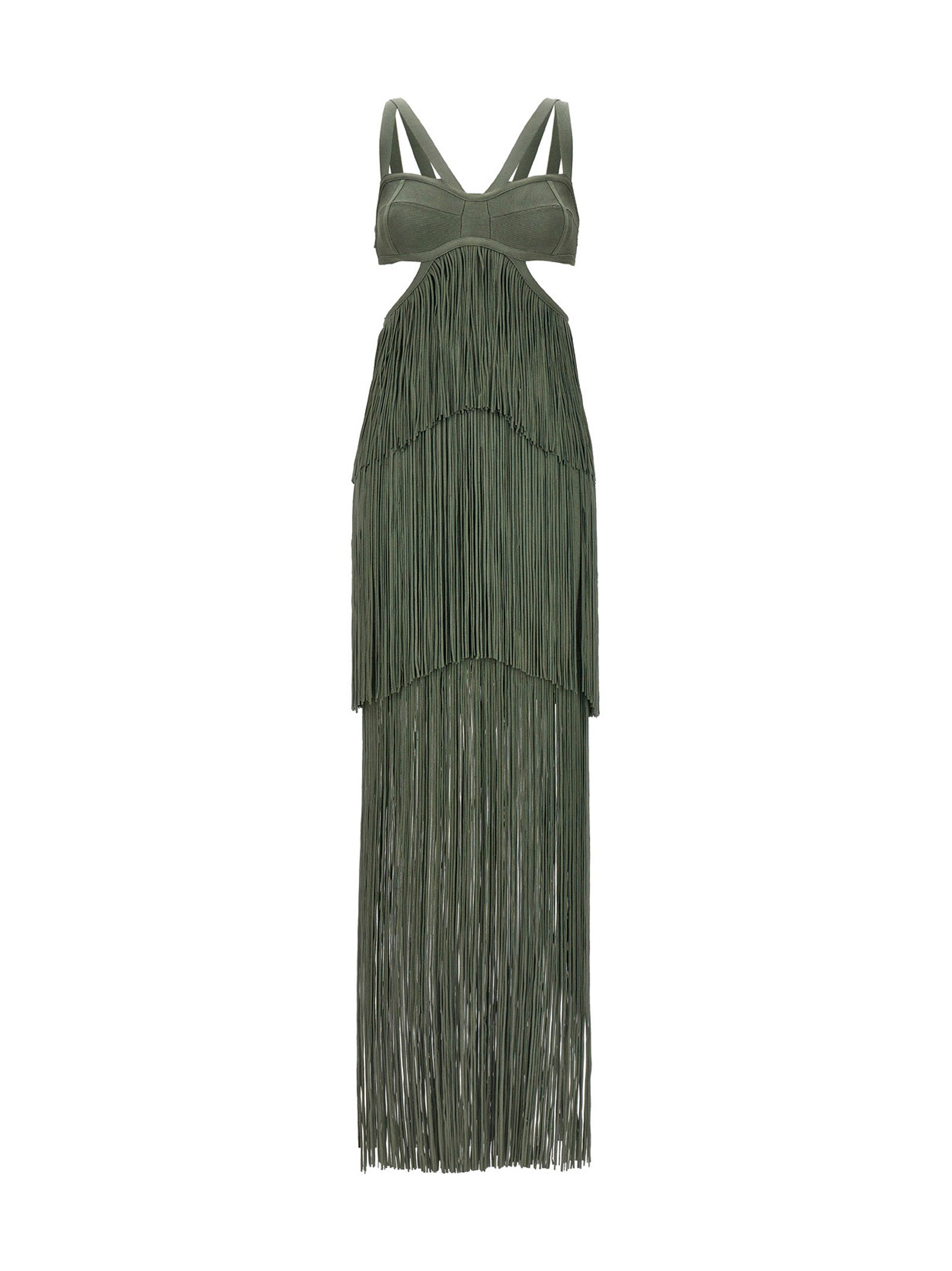 Herve Leger Strappy Tiered Fringe Dress