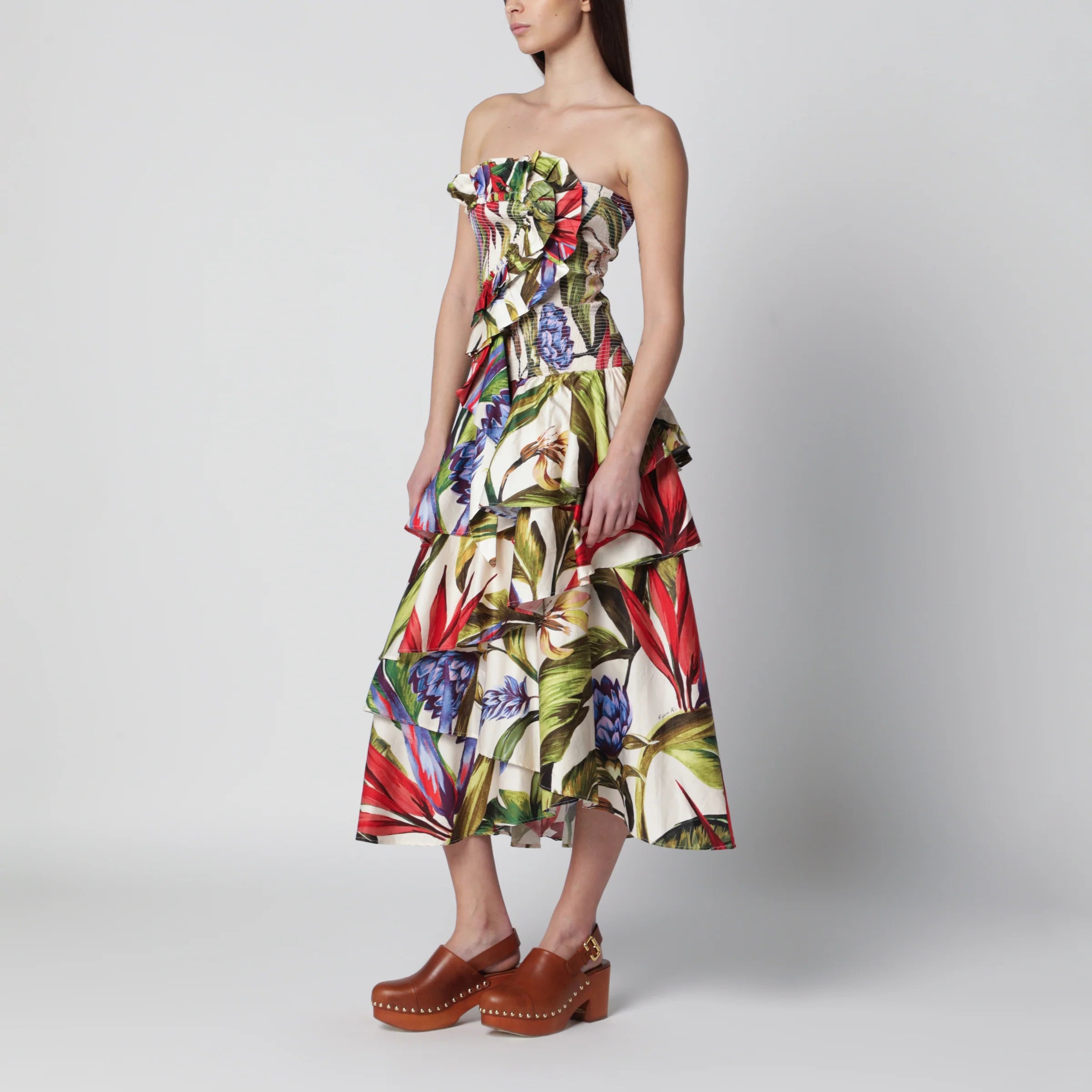 FARM Rio Sand Florart strapless cotton dress