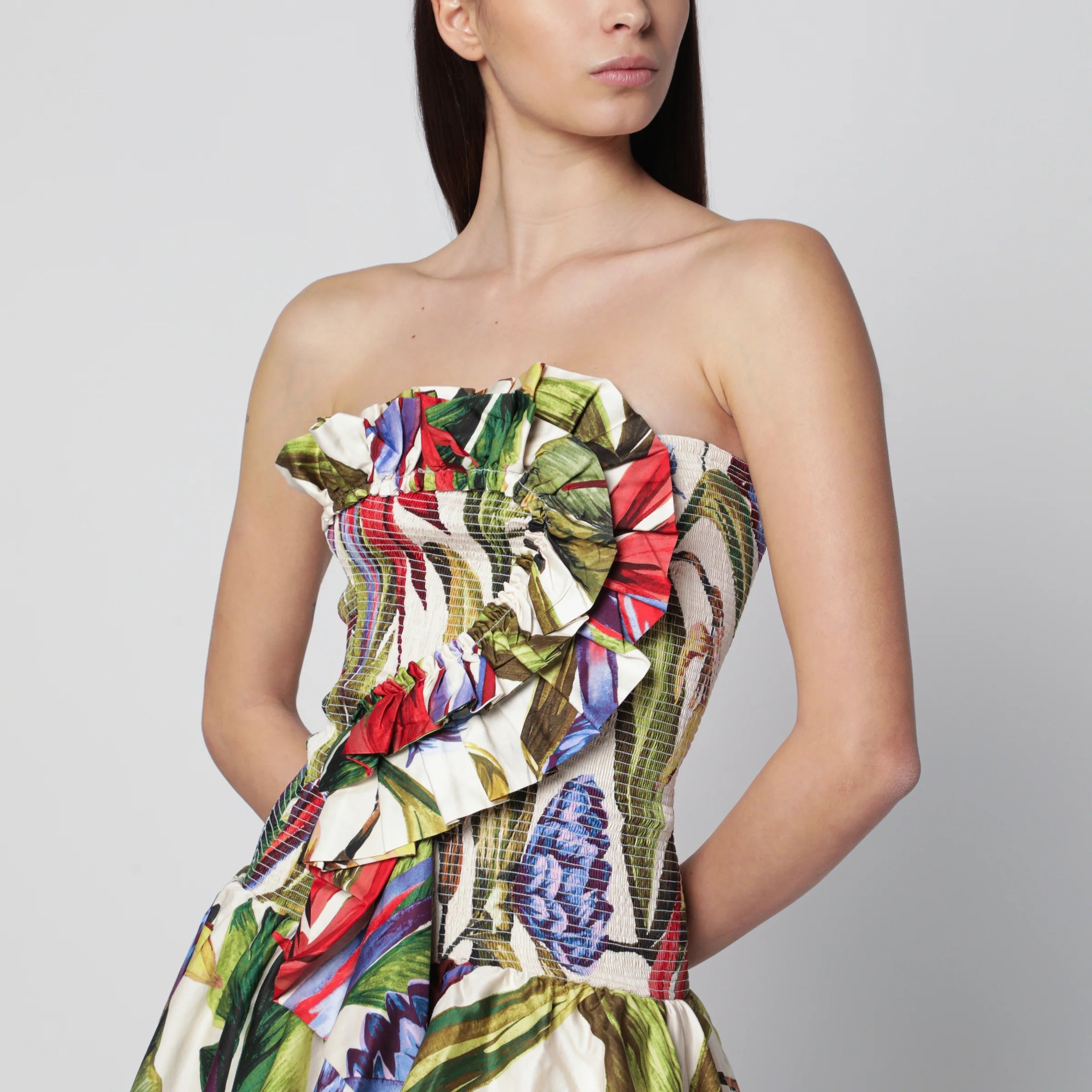 FARM Rio Sand Florart strapless cotton dress