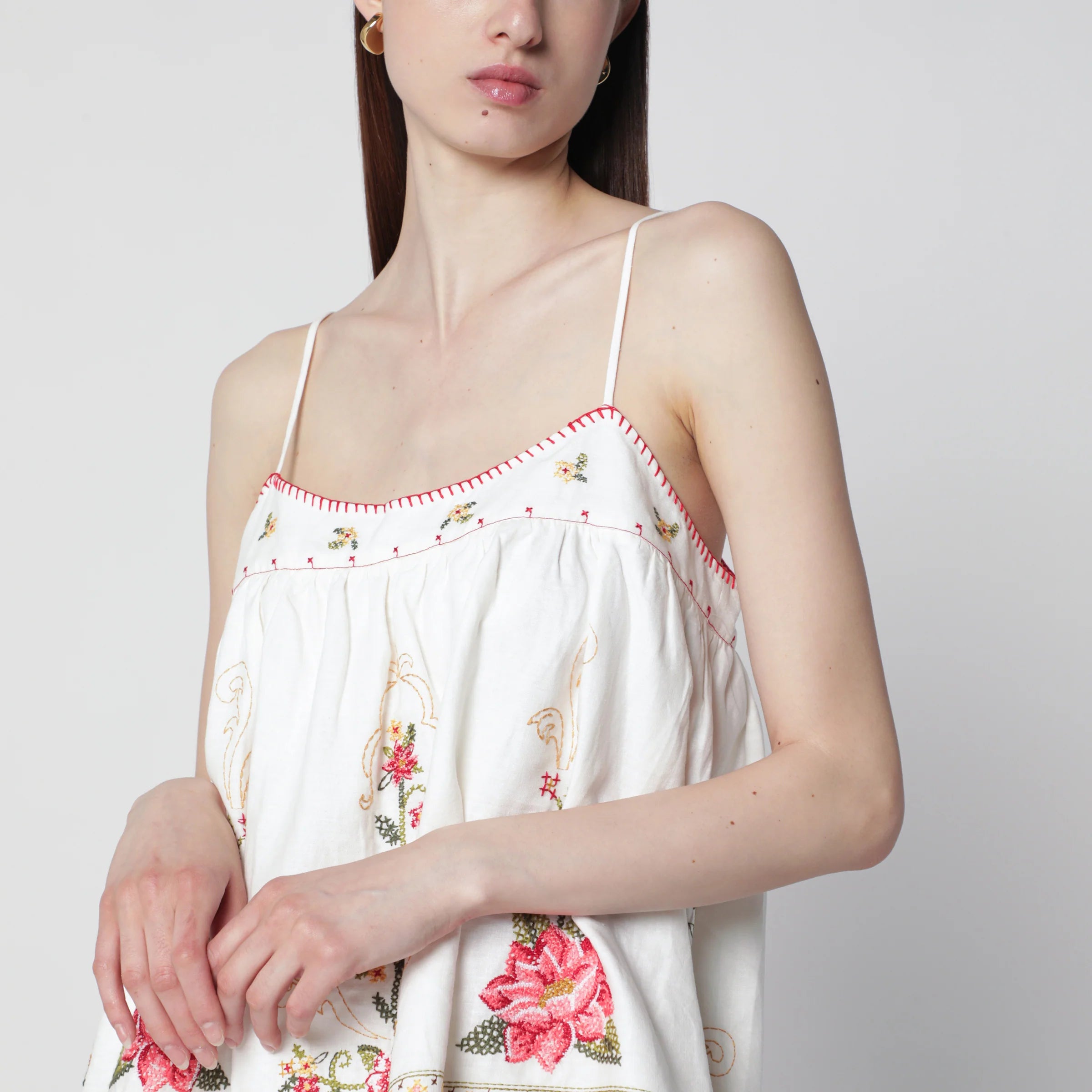 FARM Rio Linen-blend top with floral embroidery