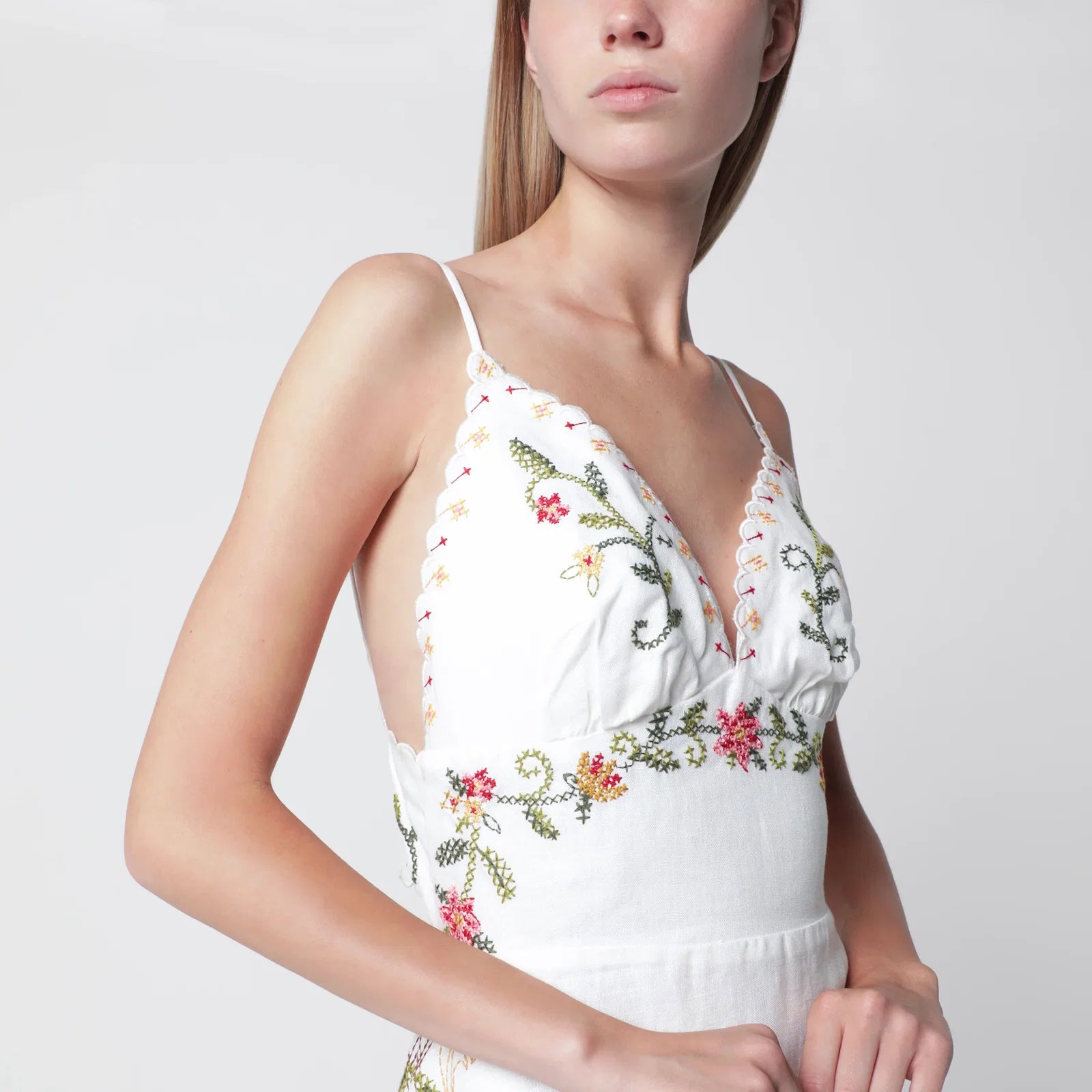 FARM Rio Ivory midi dress with floral embroidery