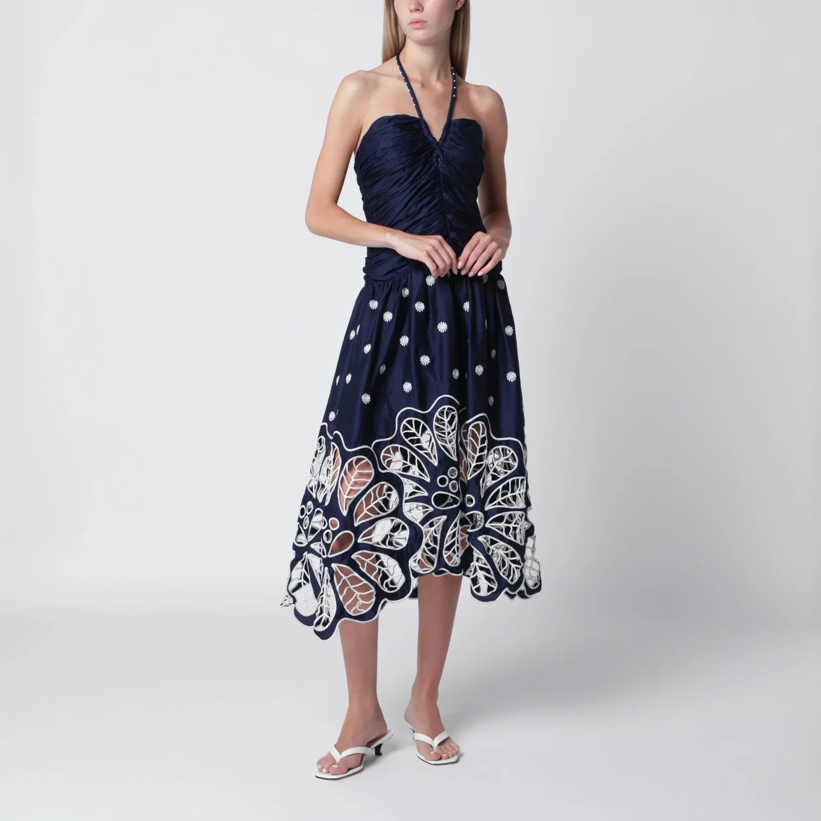 FARM Rio Navy blue Richelieu midi dress with embroidery