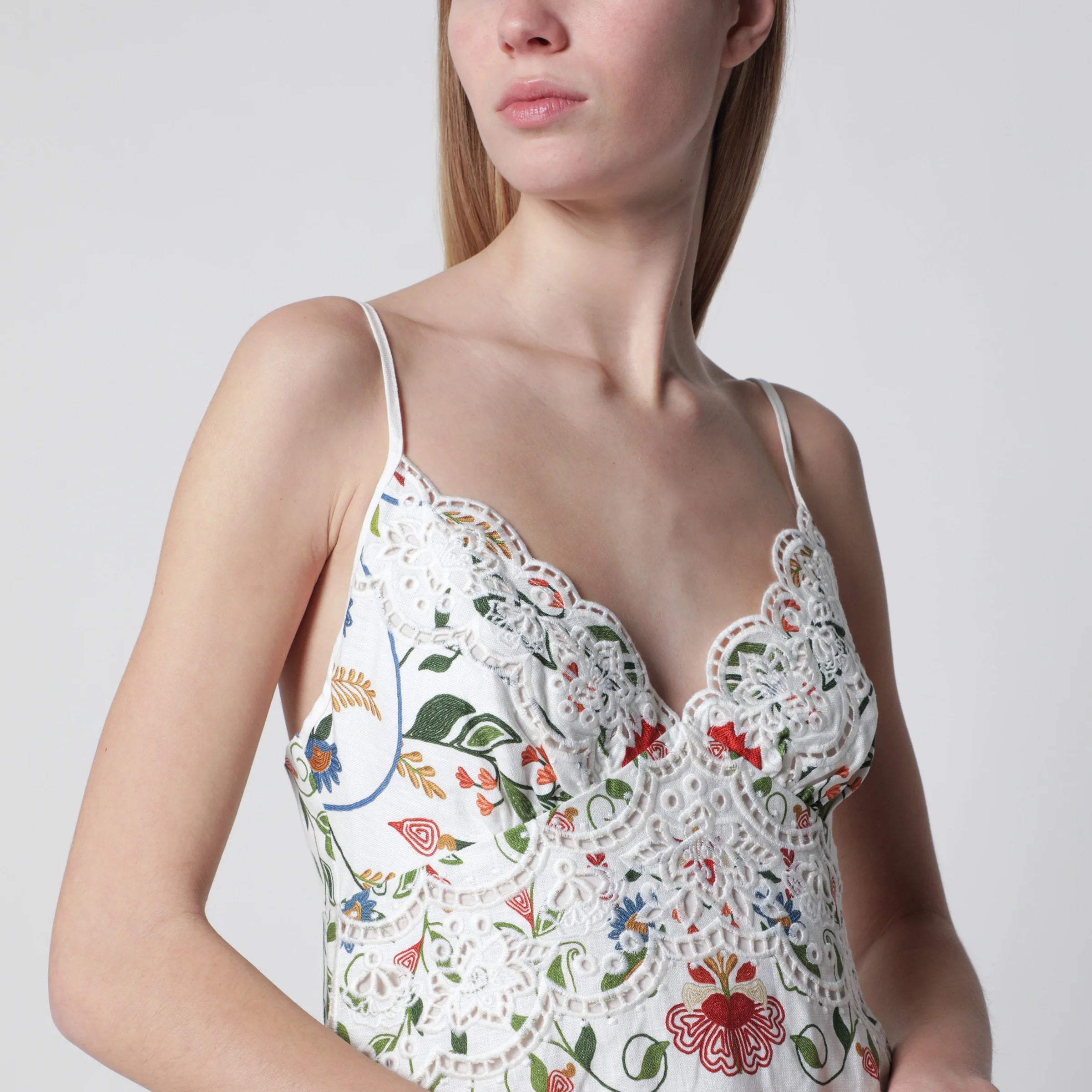 FARM Rio White midi dress in linen with garden motif