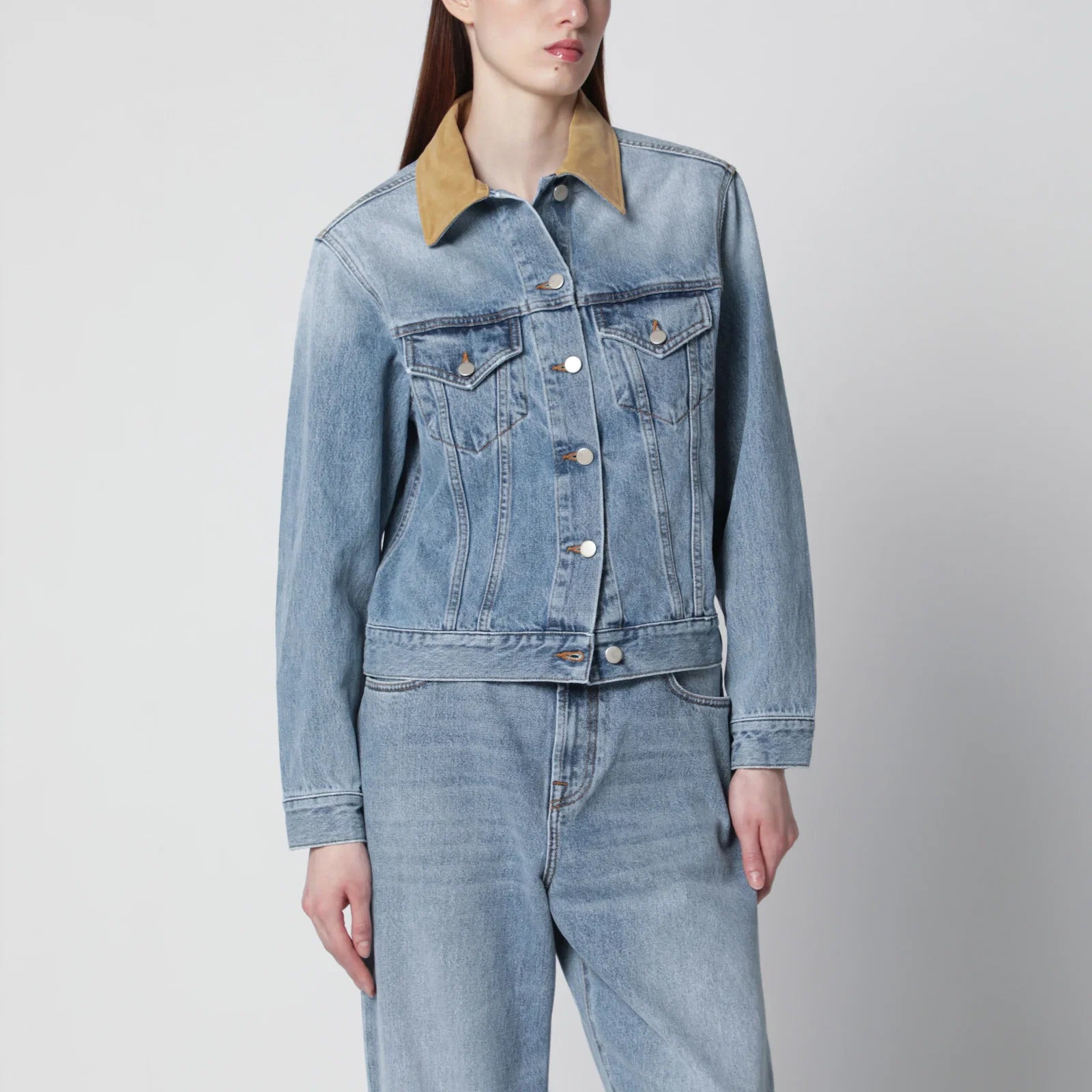 Róhe Blue denim jacket with suede collar