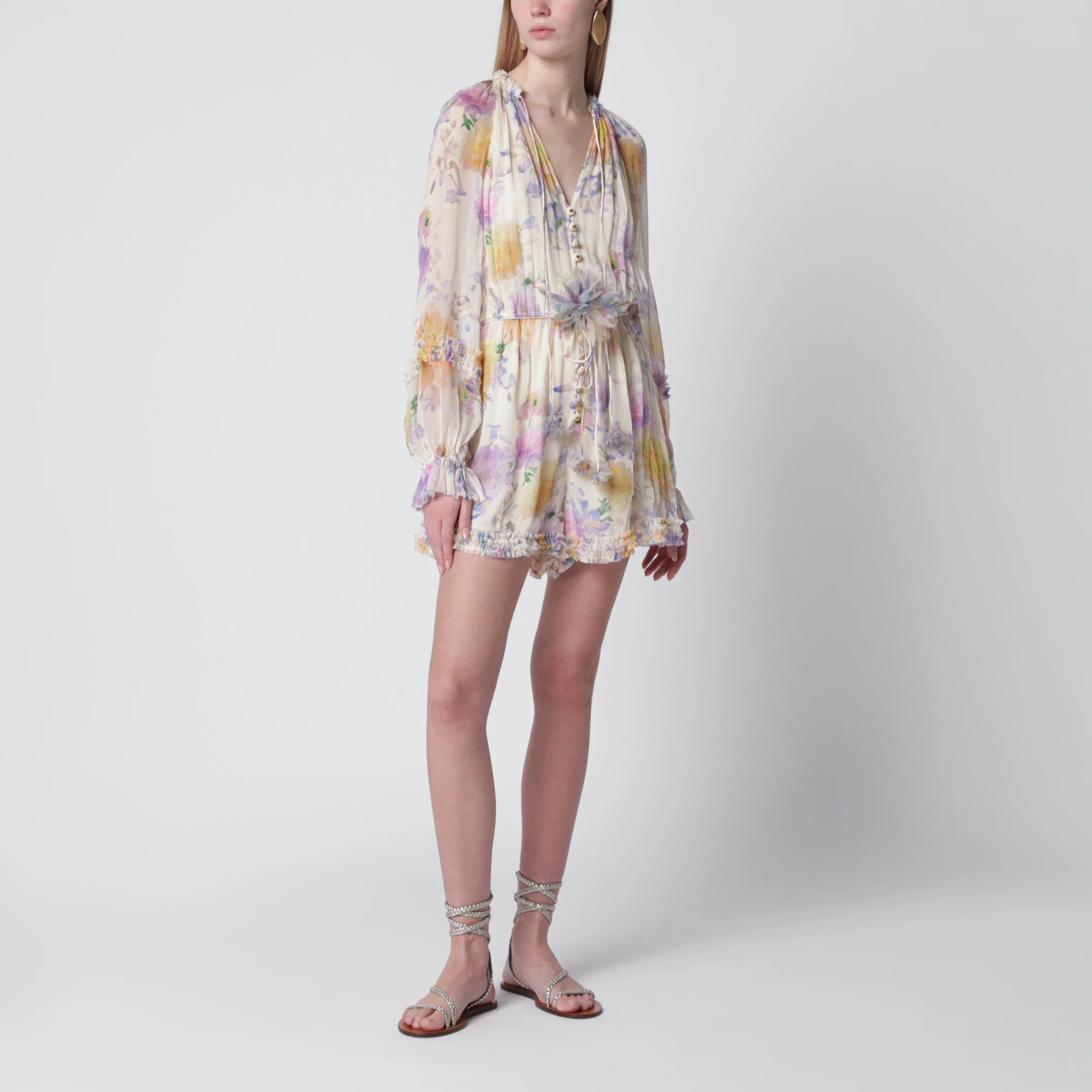 ZIMMERMANN Cream short jumpsuit with floral pattern