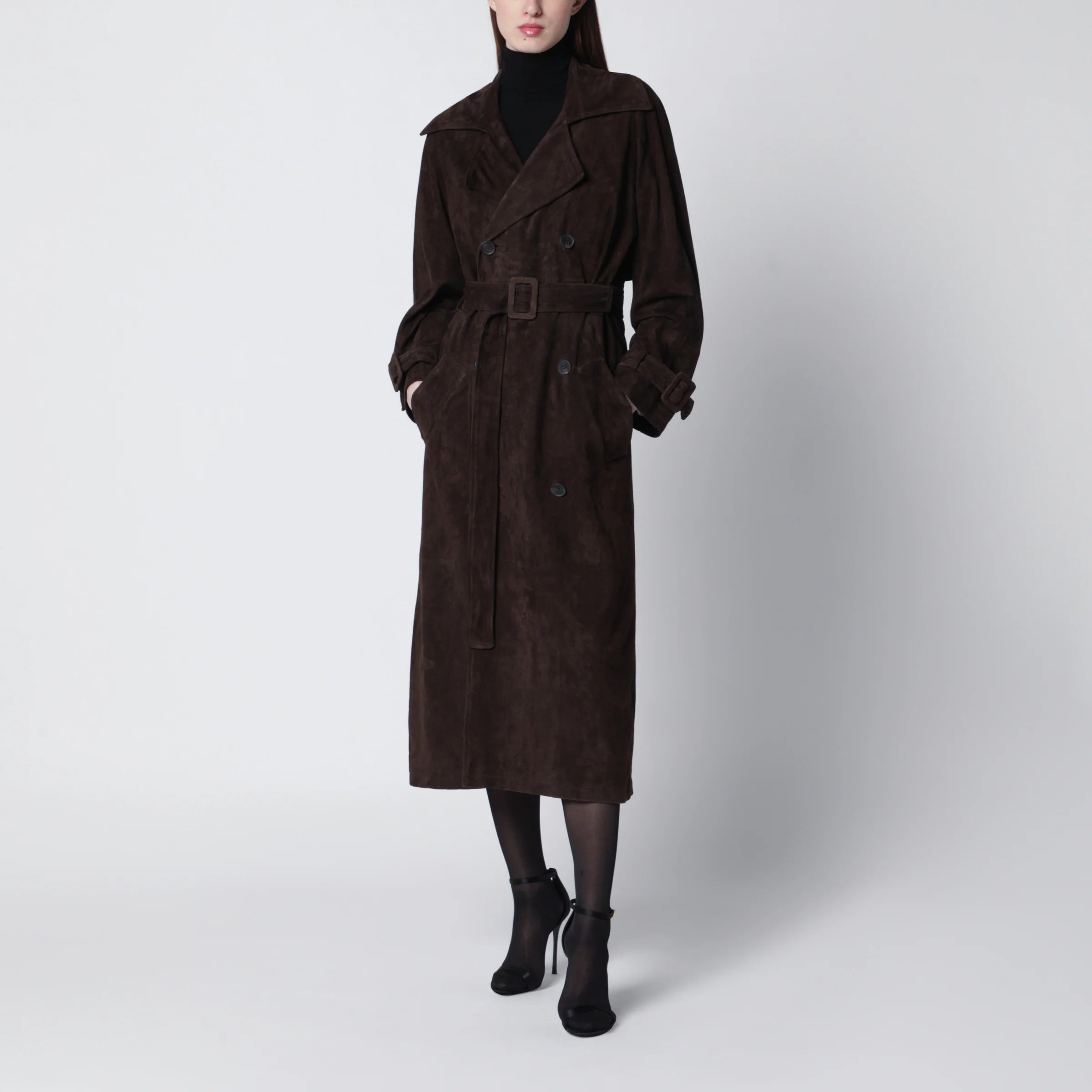 Sword 6644 Brown double-breasted suede trench coat