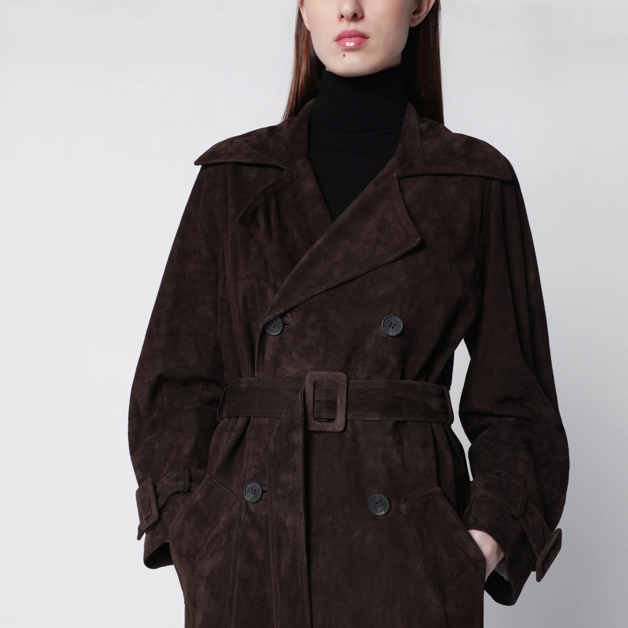 Sword 6644 Brown double-breasted suede trench coat