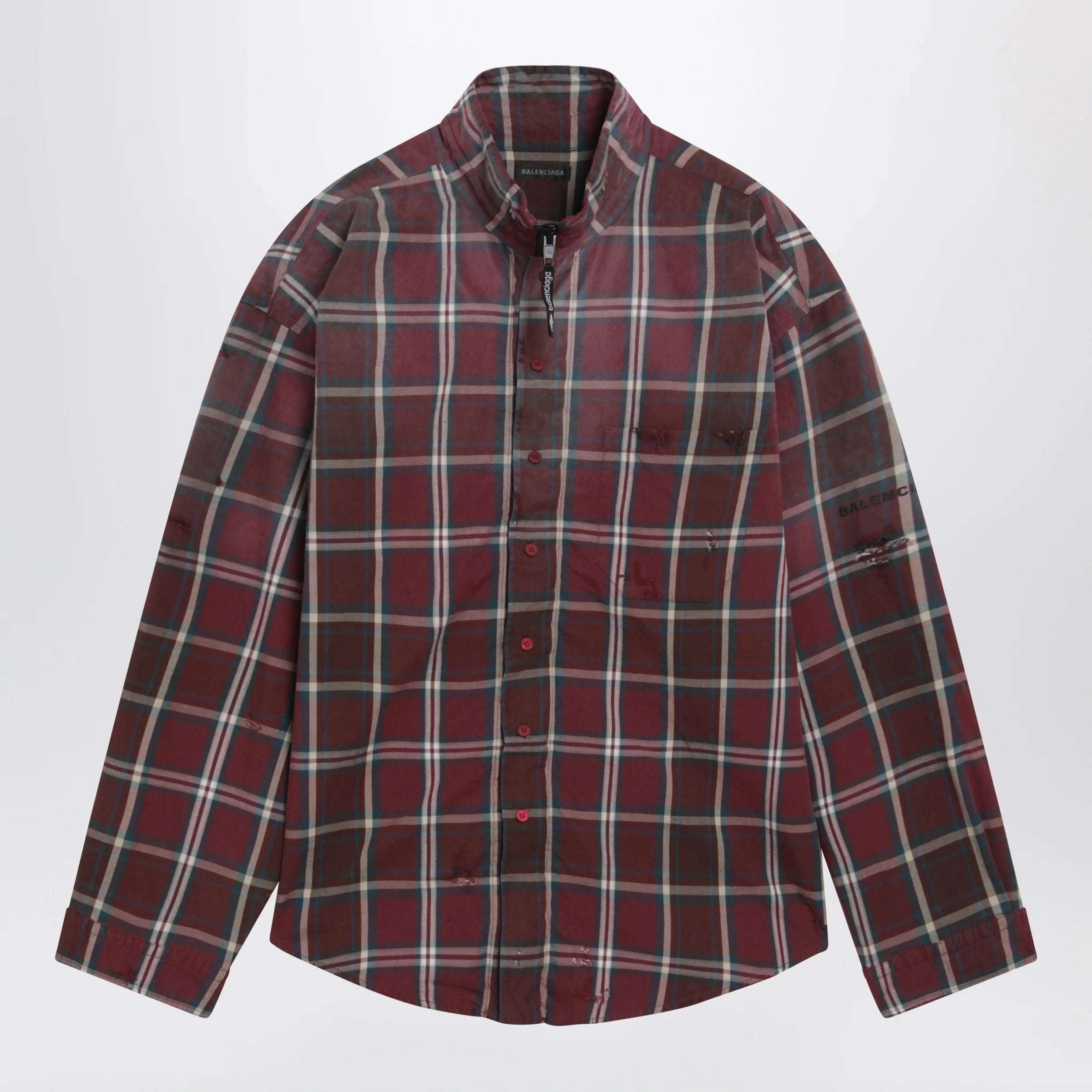 Balenciaga Burgundy plaid cotton-blend flannel zip shirt