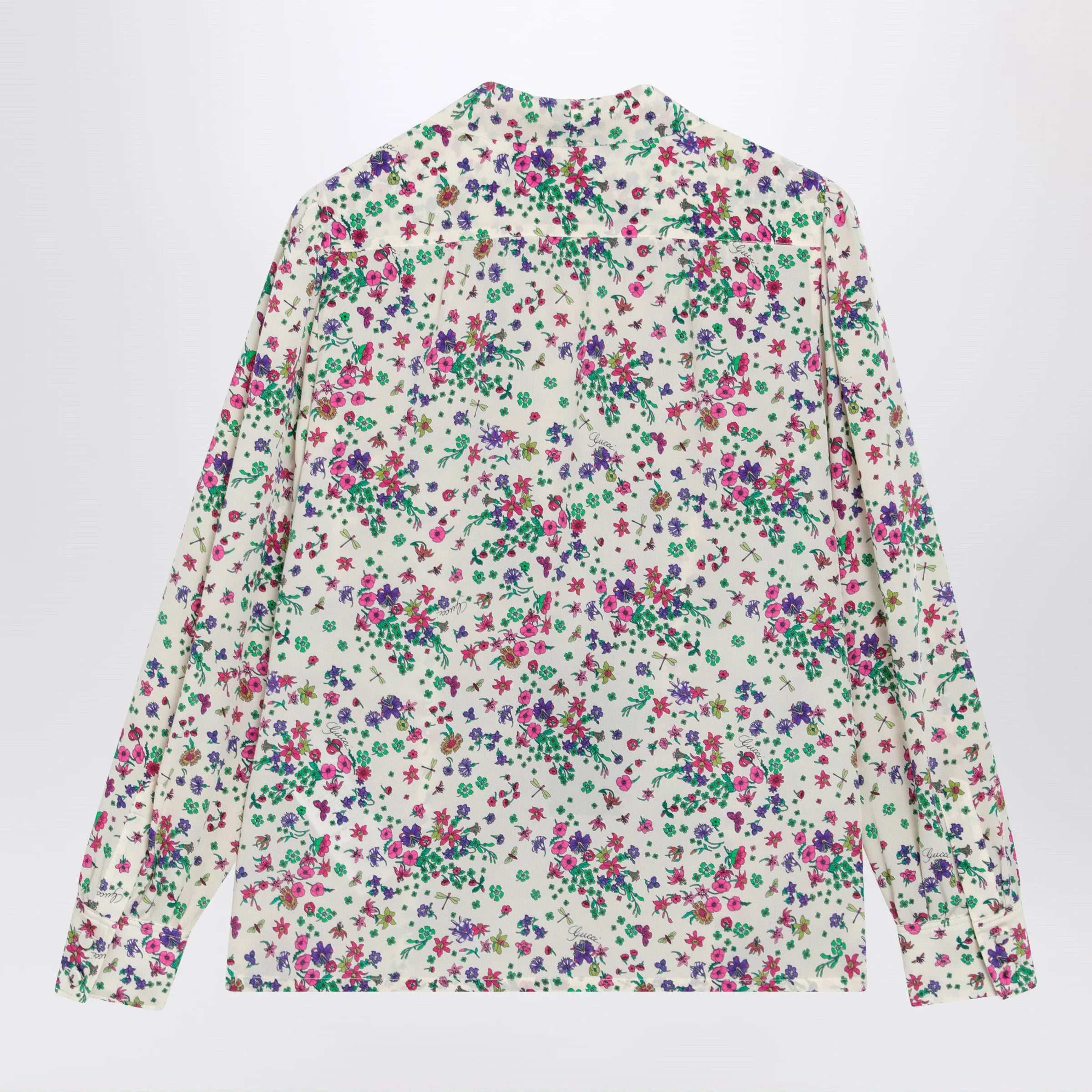 GUCCI Printed silk shirt with bow in ivory/pink