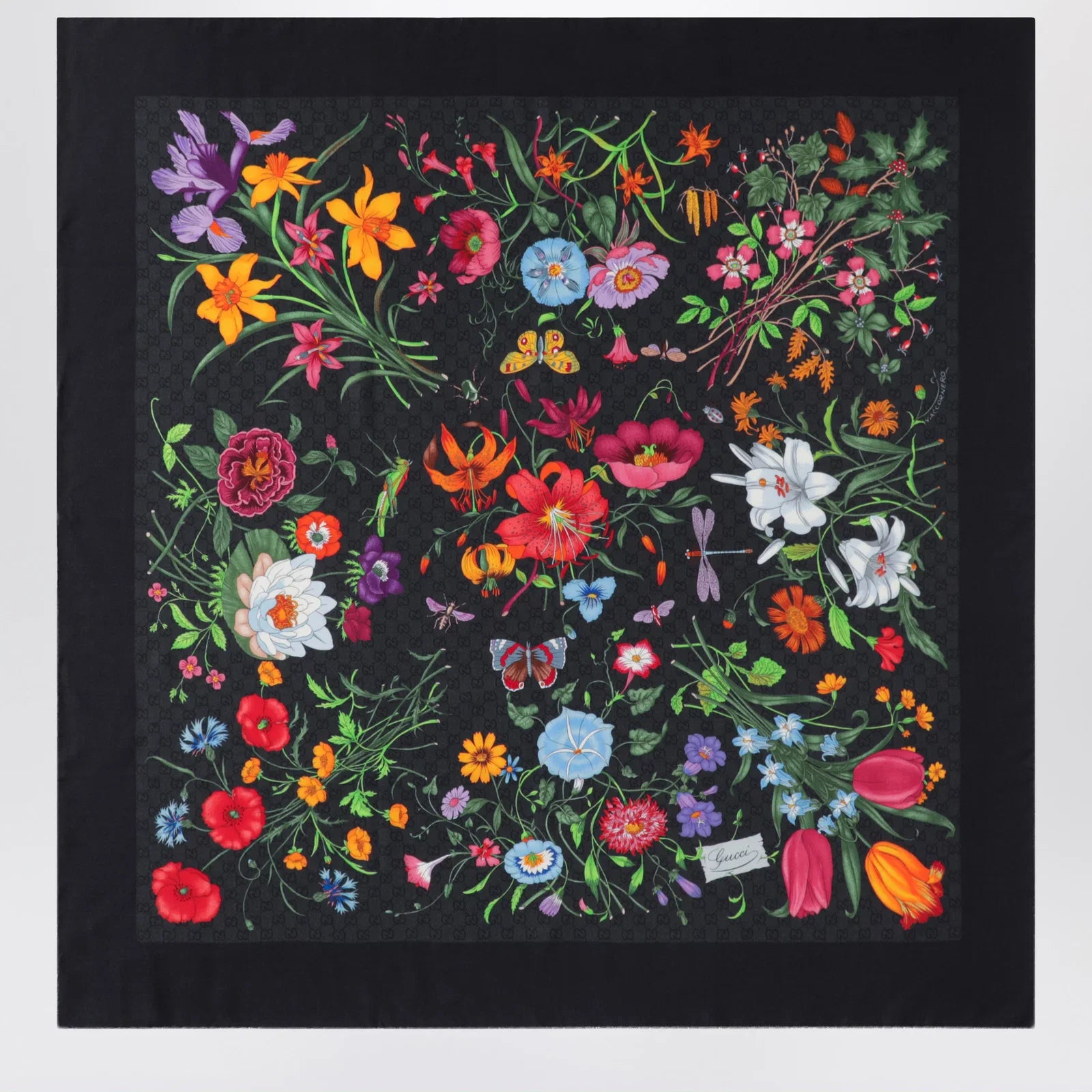 GUCCI Wool and silk scarf with floral print
