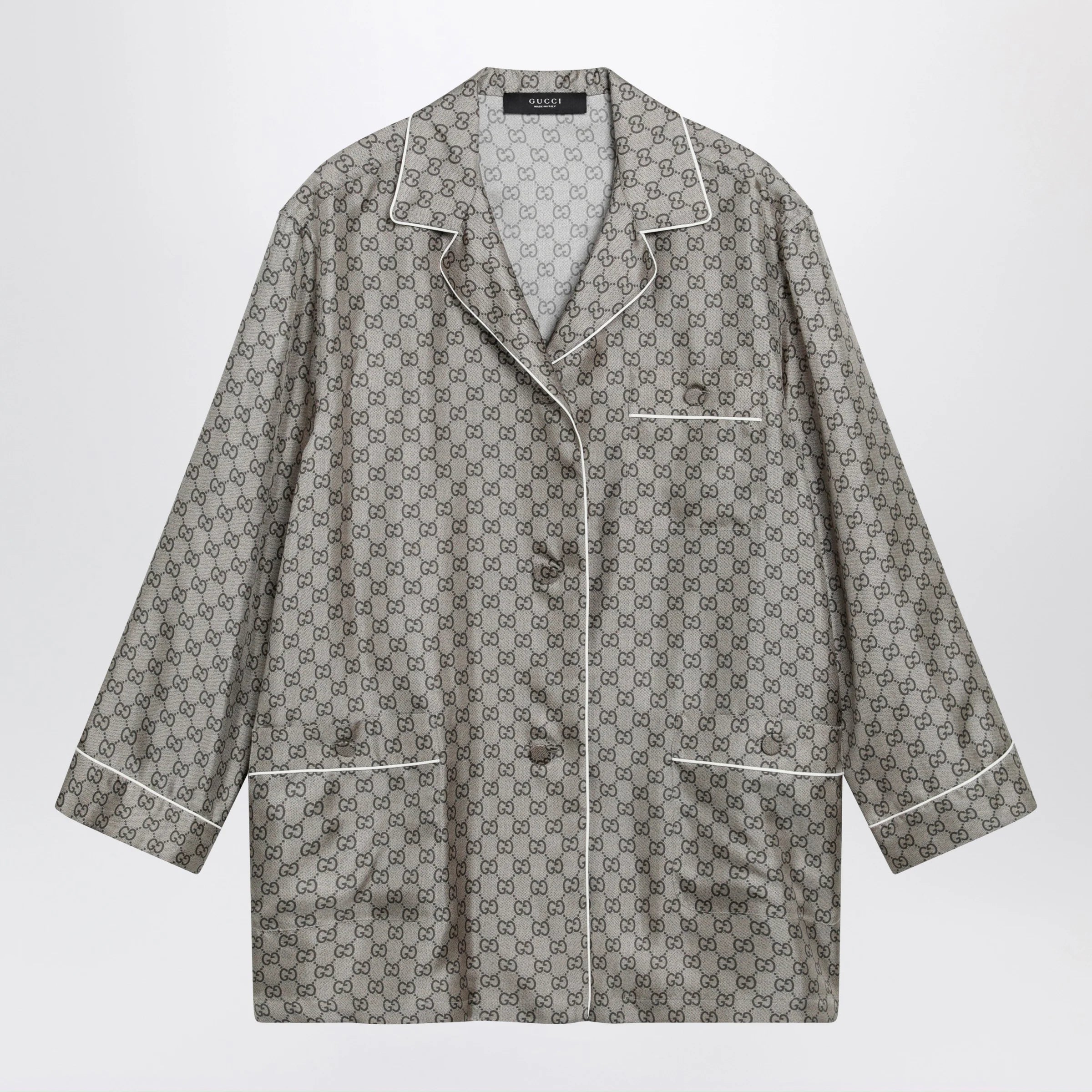 GUCCI Silk twill shirt with GG print in beige