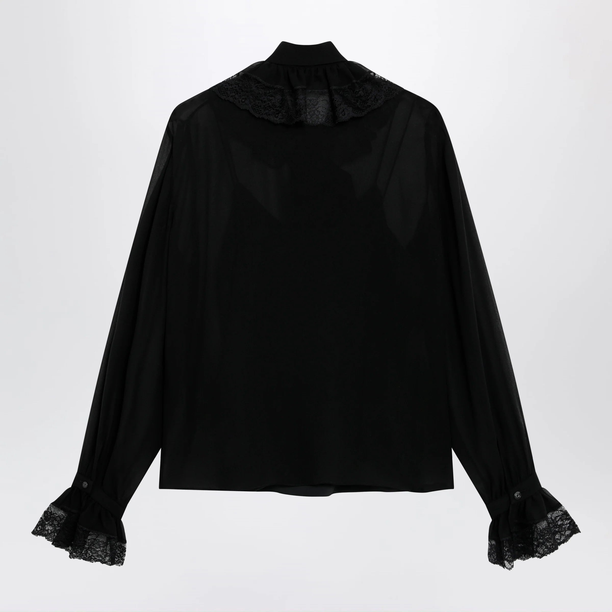 GUCCI Black lightweight silk georgette shirt with lace