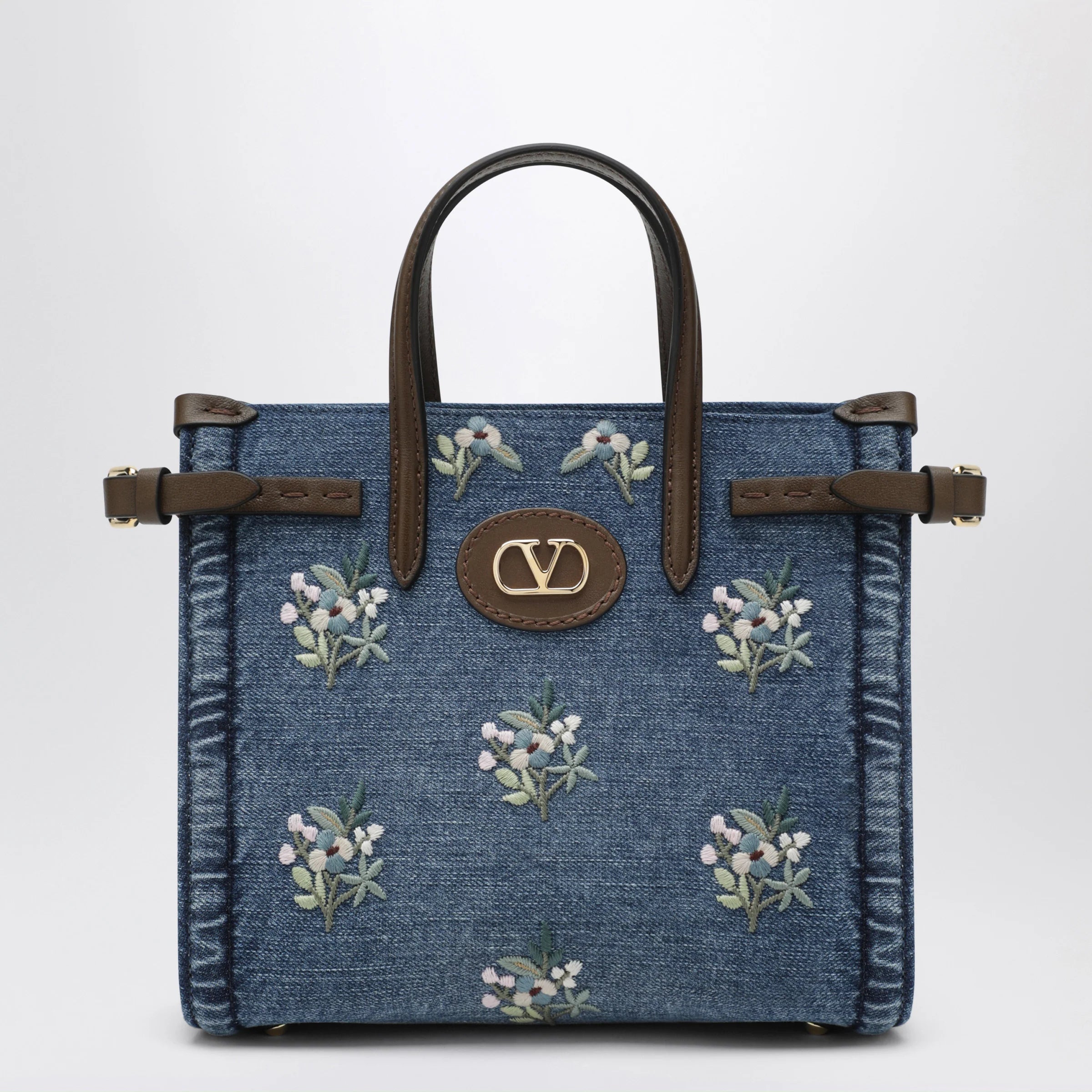 Valentino Garavani Antibes small embroidered denim shopping bag in blue