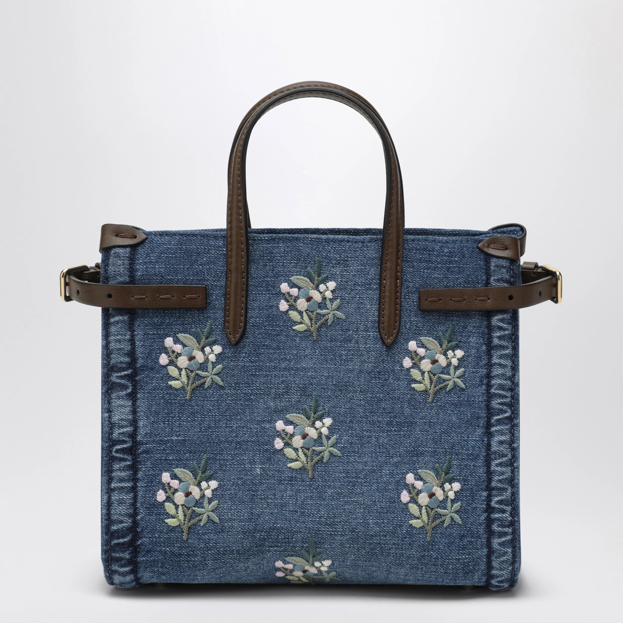Valentino Garavani Antibes small embroidered denim shopping bag in blue