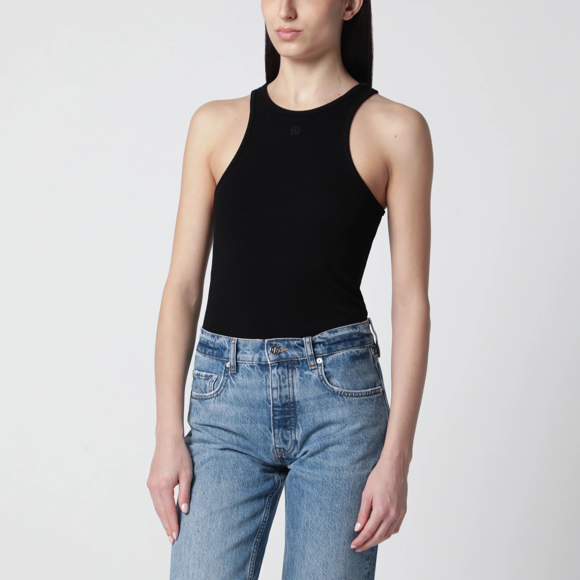 ANINE BING Black ribbed tank top with logo embroidery
