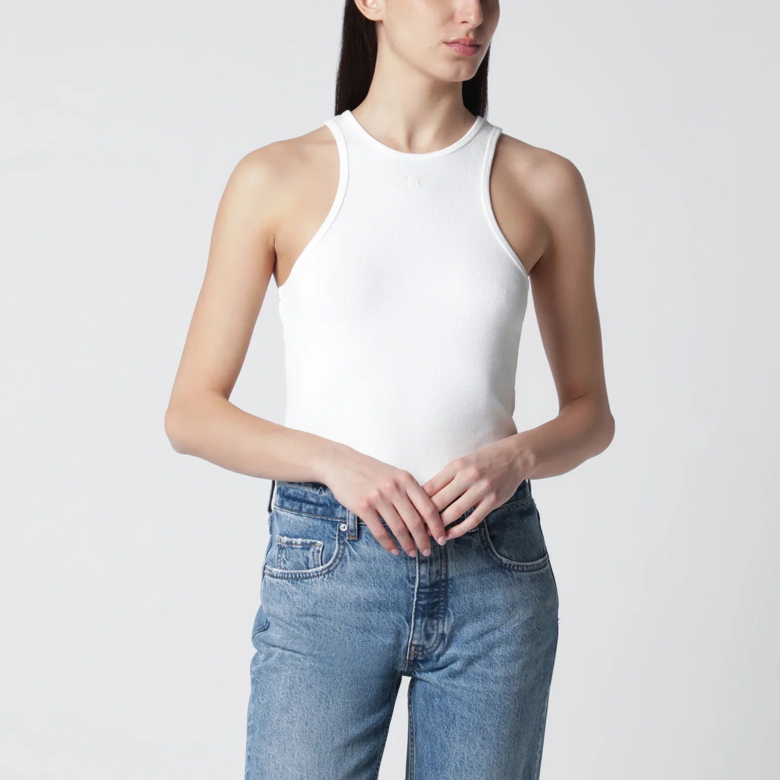 ANINE BING Cream ribbed tank top with logo embroidery