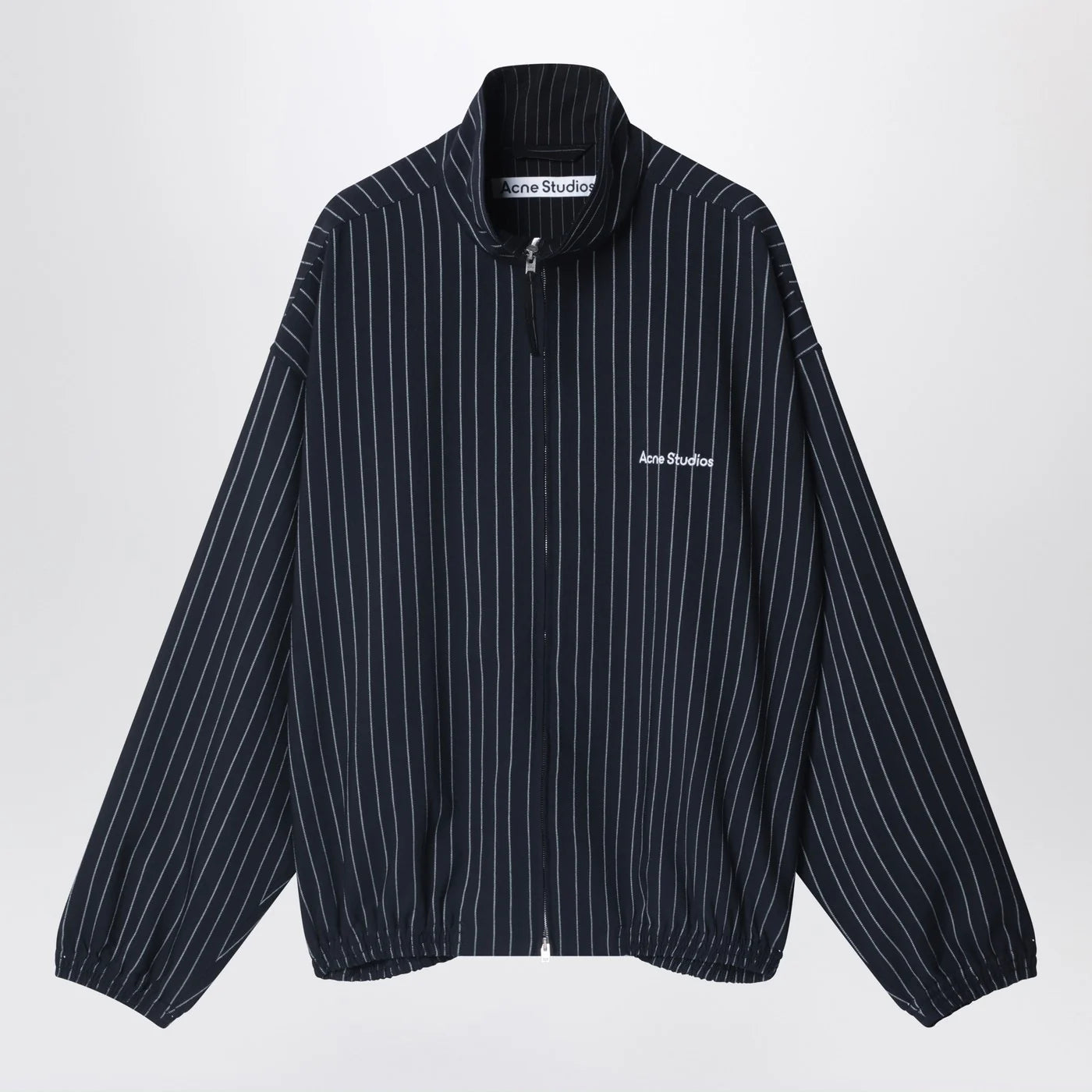 Acne Studios Navy blue zip-up jacket with pinstripe pattern