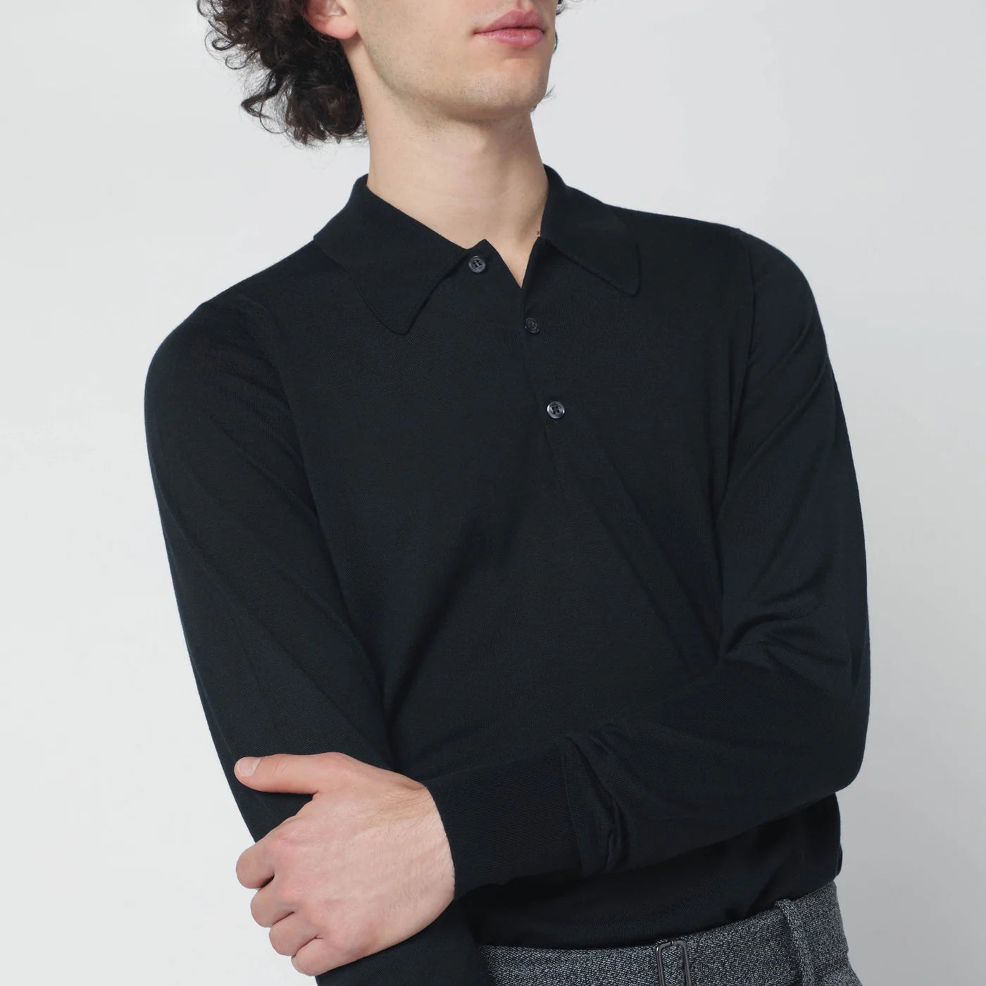 JOHN SMEDLEY Black wool polo shirt