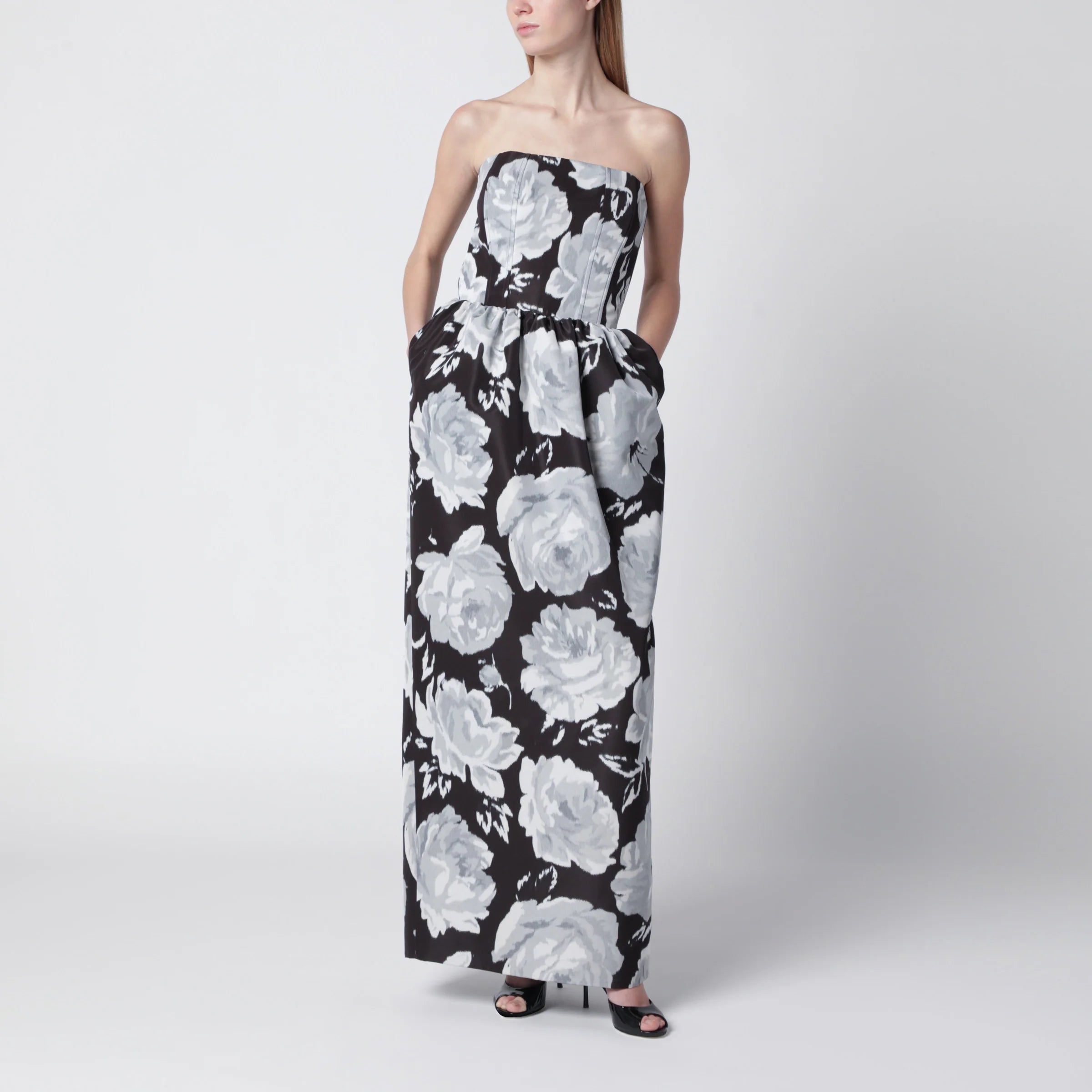 Patou Long bustier dress in mesh with floral print