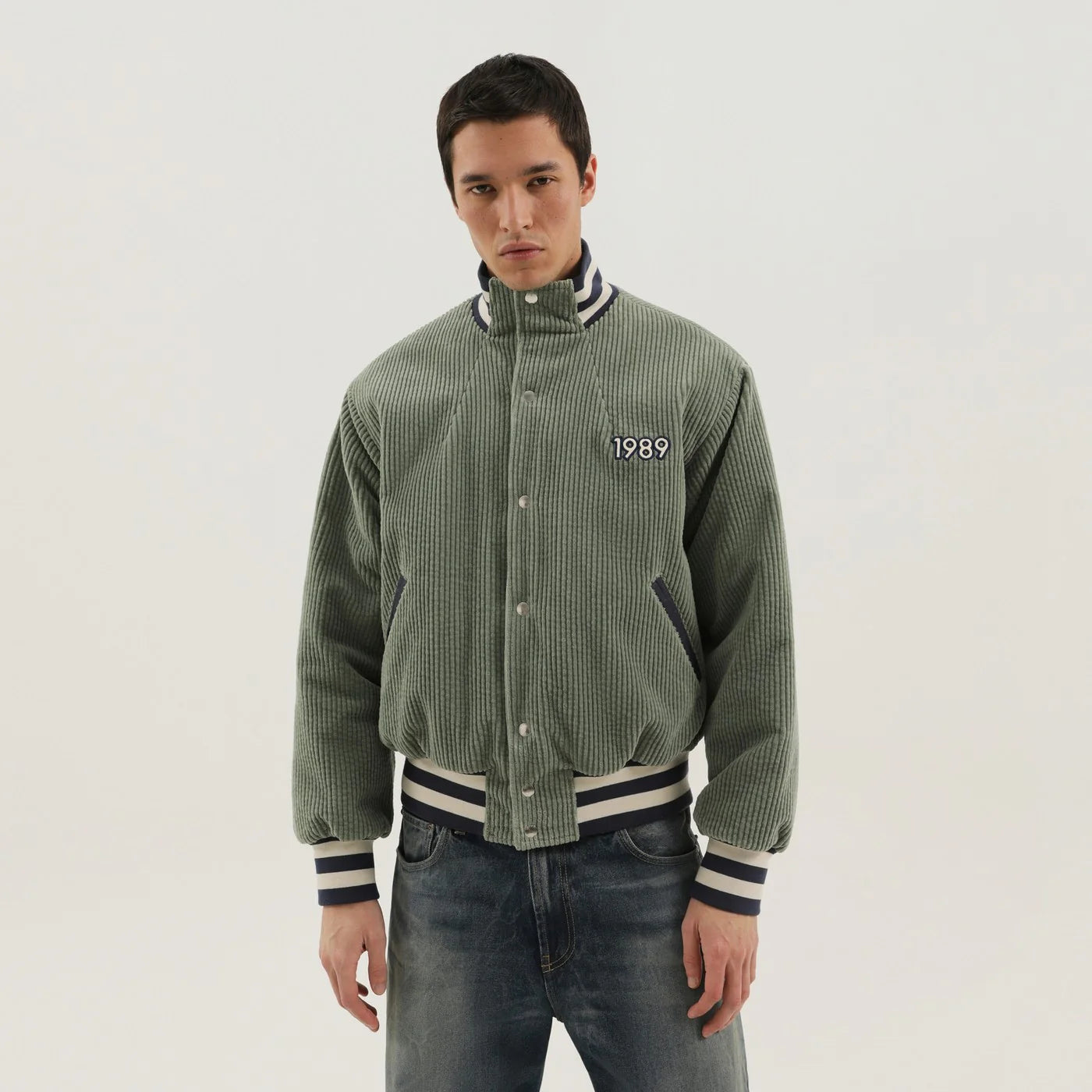1989 STUDIO Light green corduroy varsity jacket