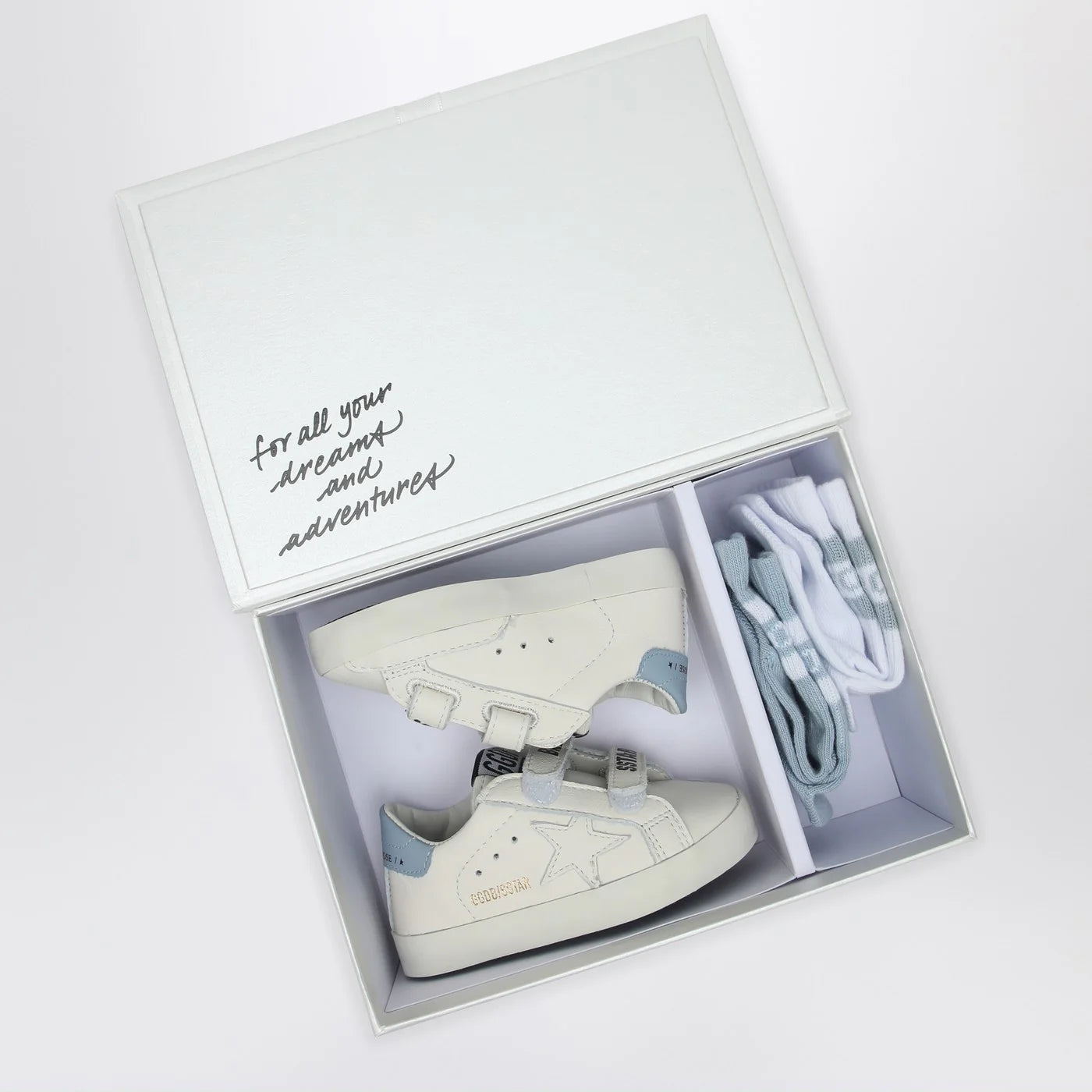 Golden Goose Baby School sneaker set in white/light blue with socks