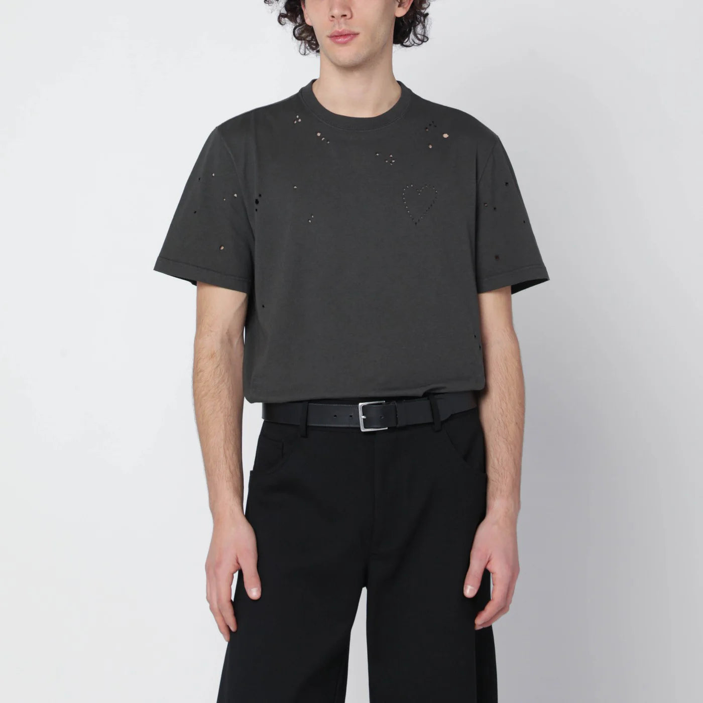 Golden Goose Vintage-effect anthracite T-shirt with perforated heart