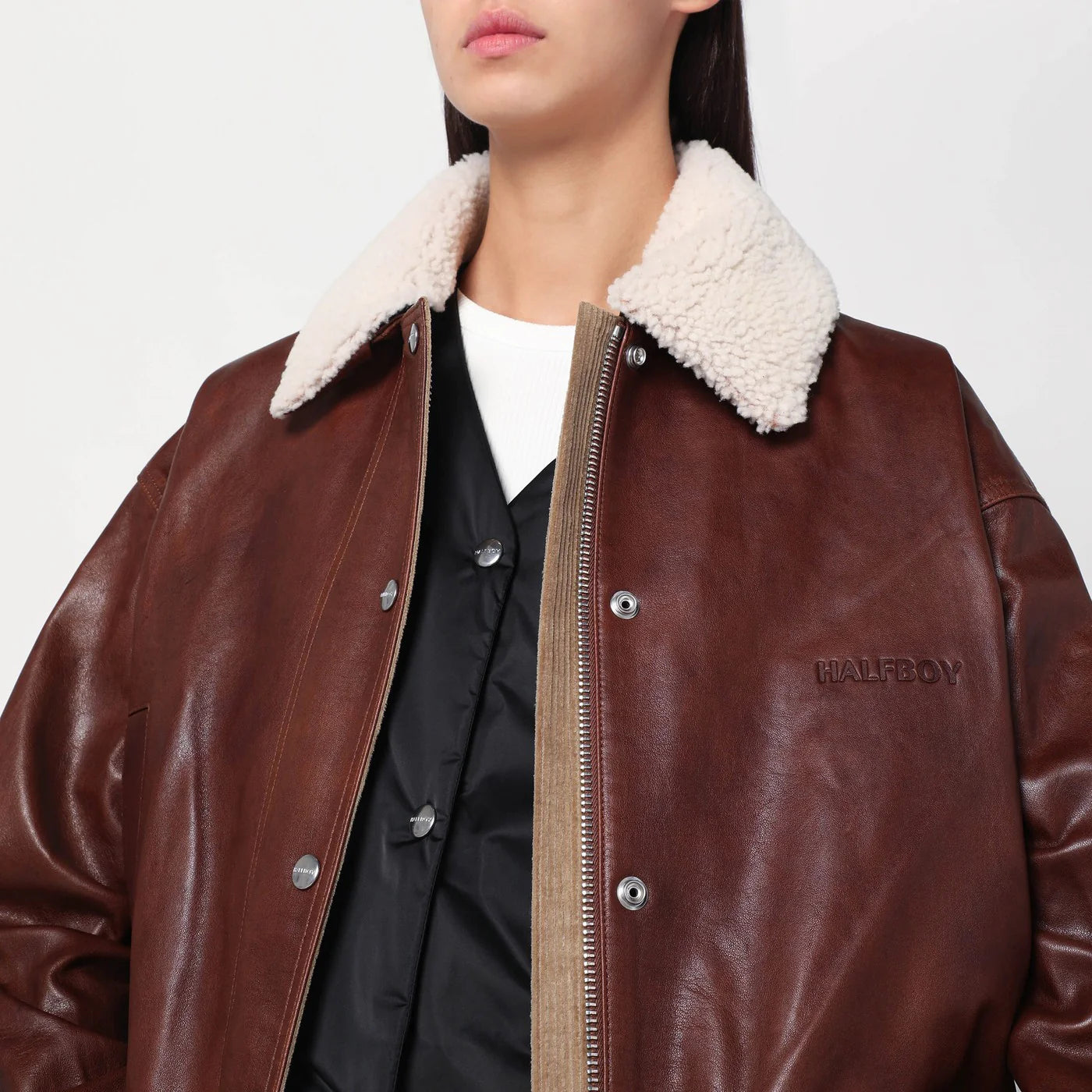 HALFBOY Brown leather jacket with shearling collar