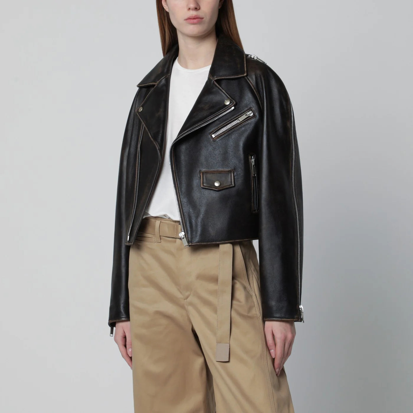 HALFBOY Oversized dark brown leather biker jacket
