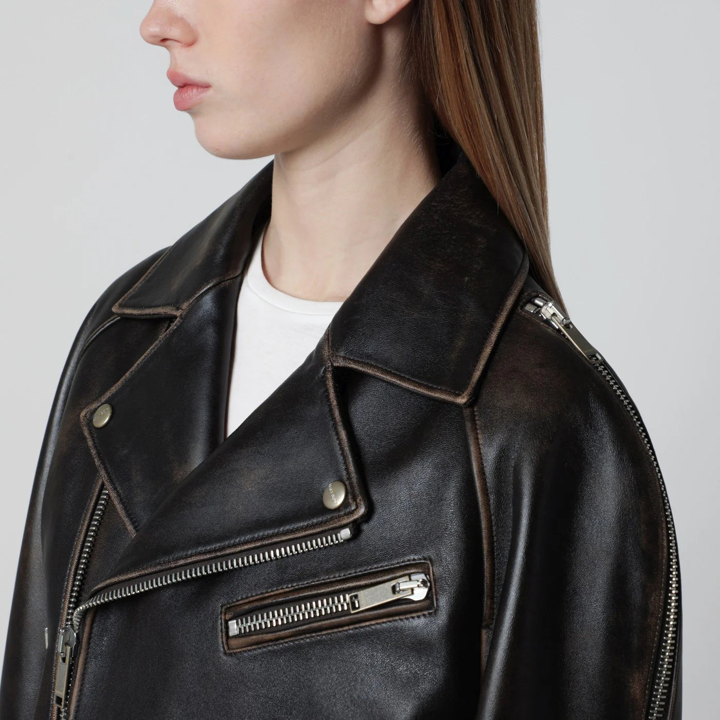 HALFBOY Oversized dark brown leather biker jacket