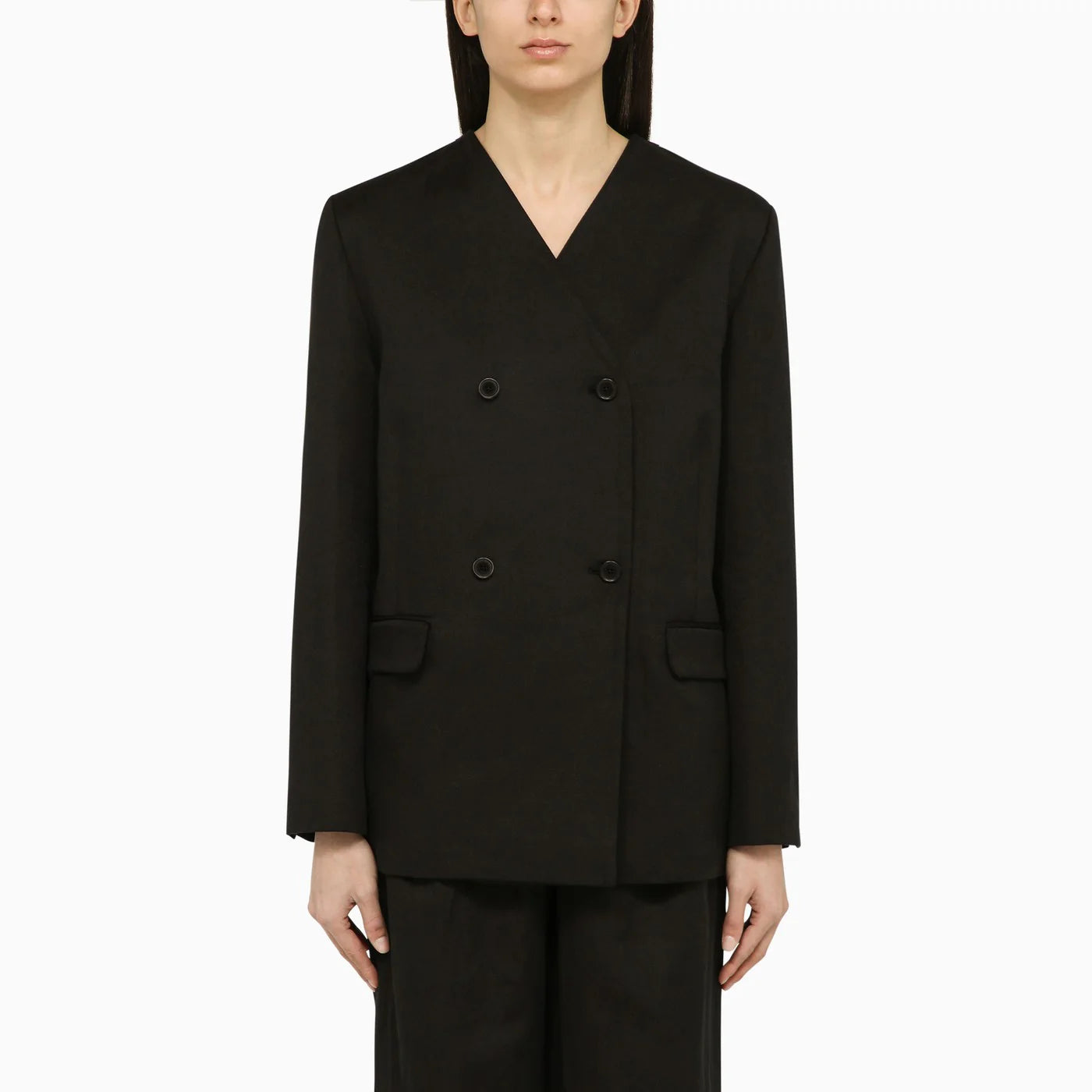 LouLou De Saison Black double-breasted jacket in cotton and linen