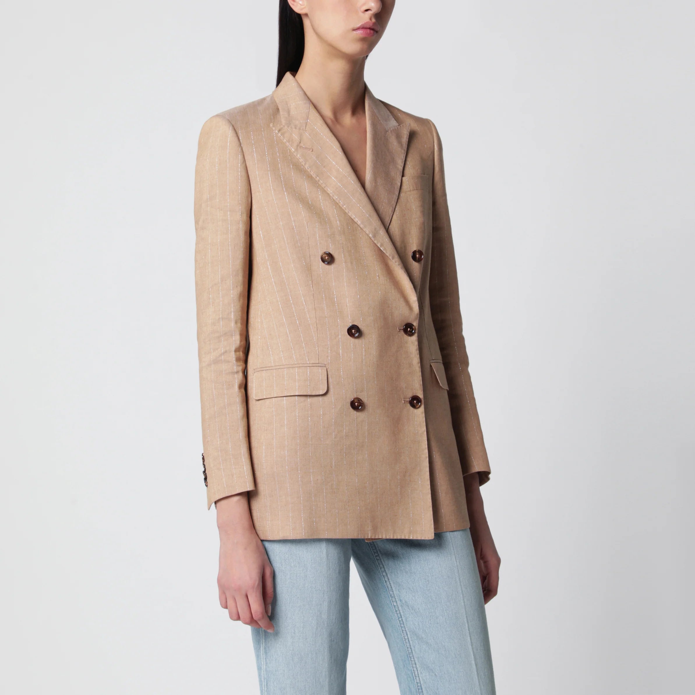 Tagliatore Beige double-breasted pinstripe linen-blend jacket
