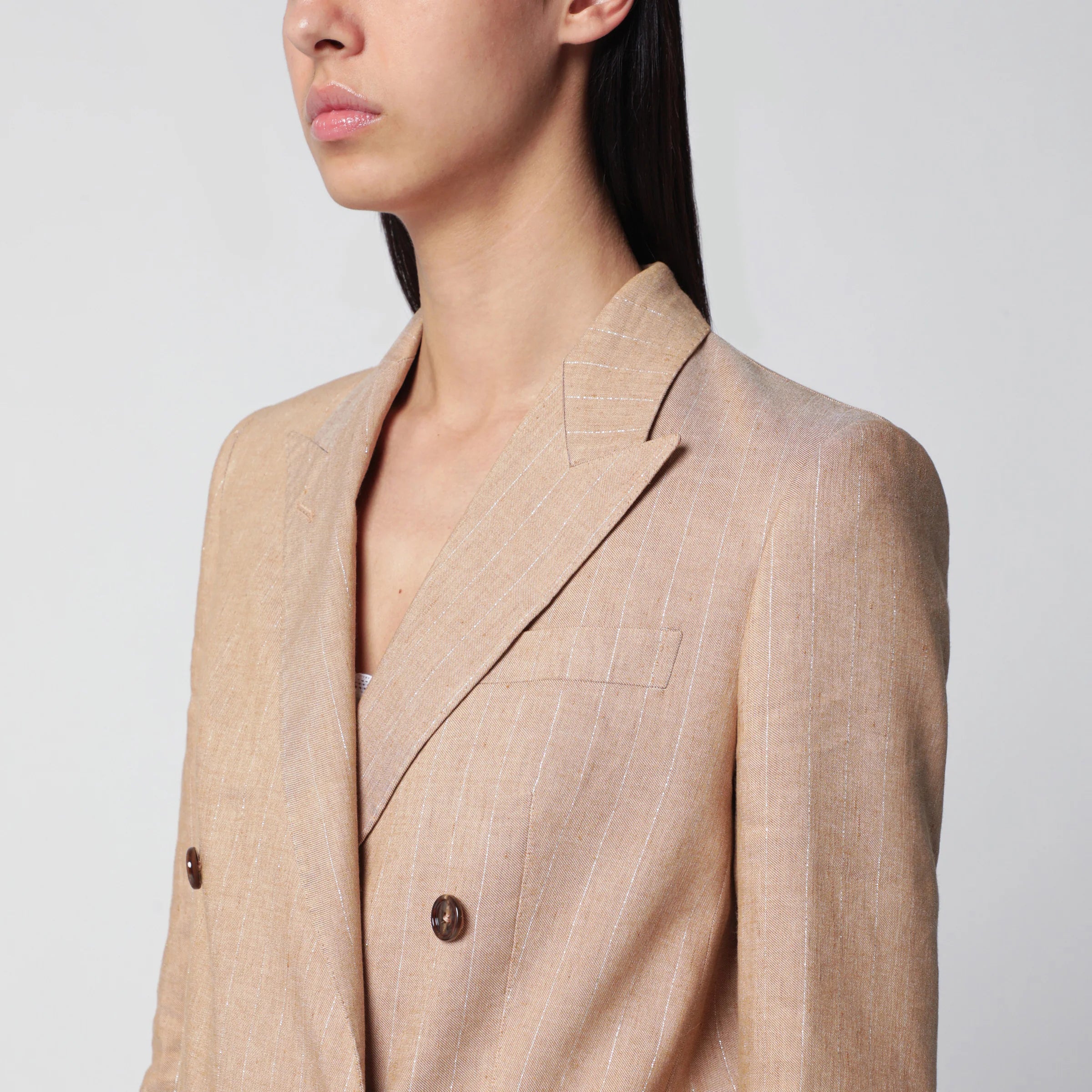 Tagliatore Beige double-breasted pinstripe linen-blend jacket