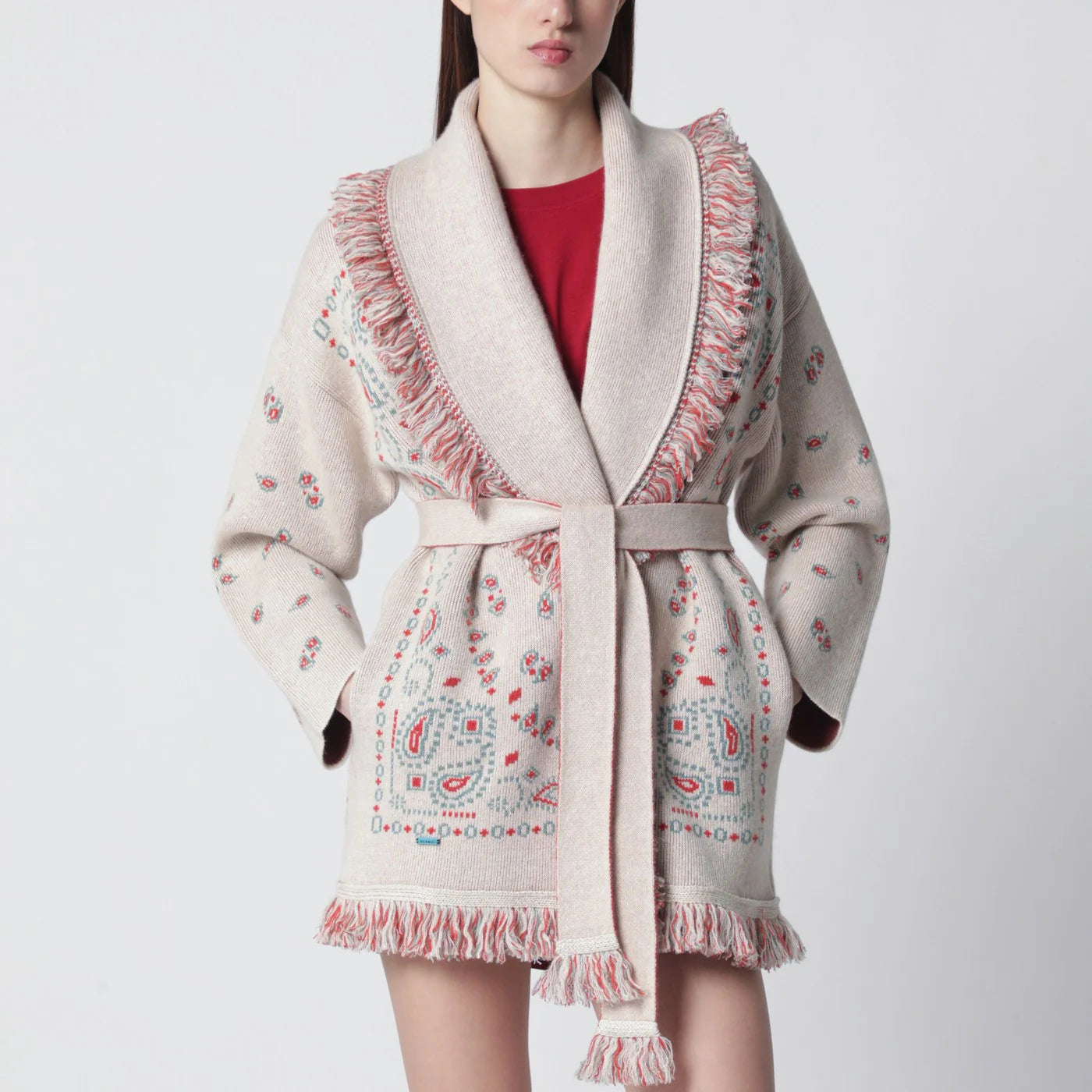 Alanui Beige/coral bandana jacquard cardigan