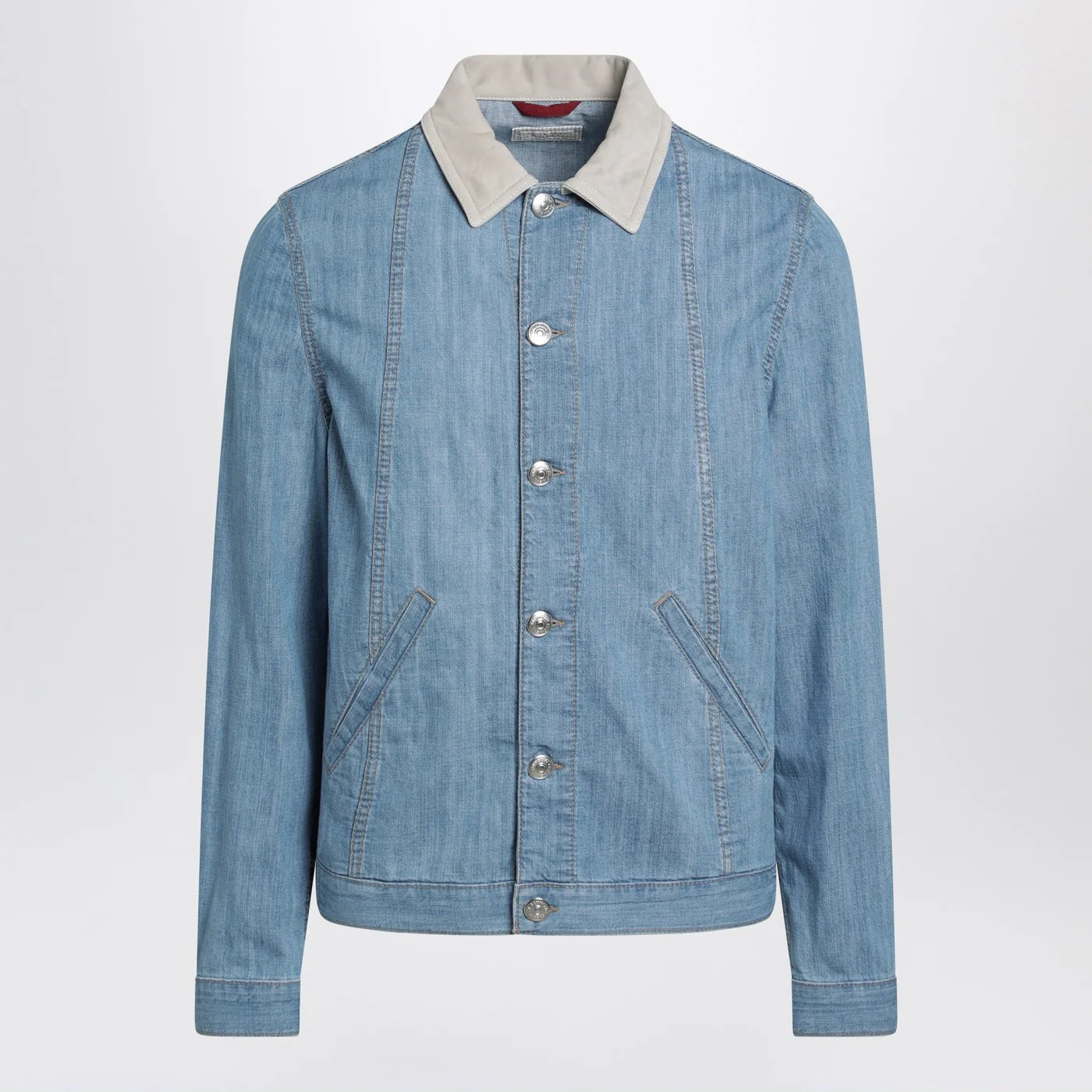 Brunello Cucinelli Blue denim jacket with suede collar