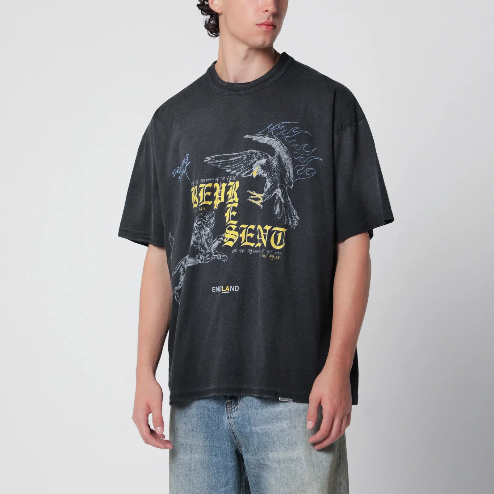 Represent Black faded T-shirt with Eagle logo print