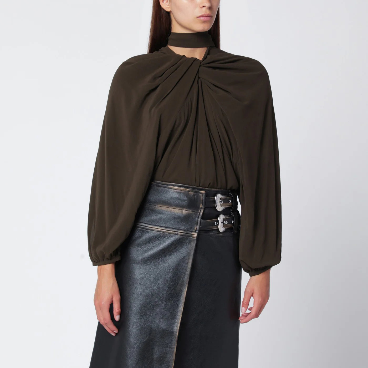 NAMACHEKO Black draped silk top