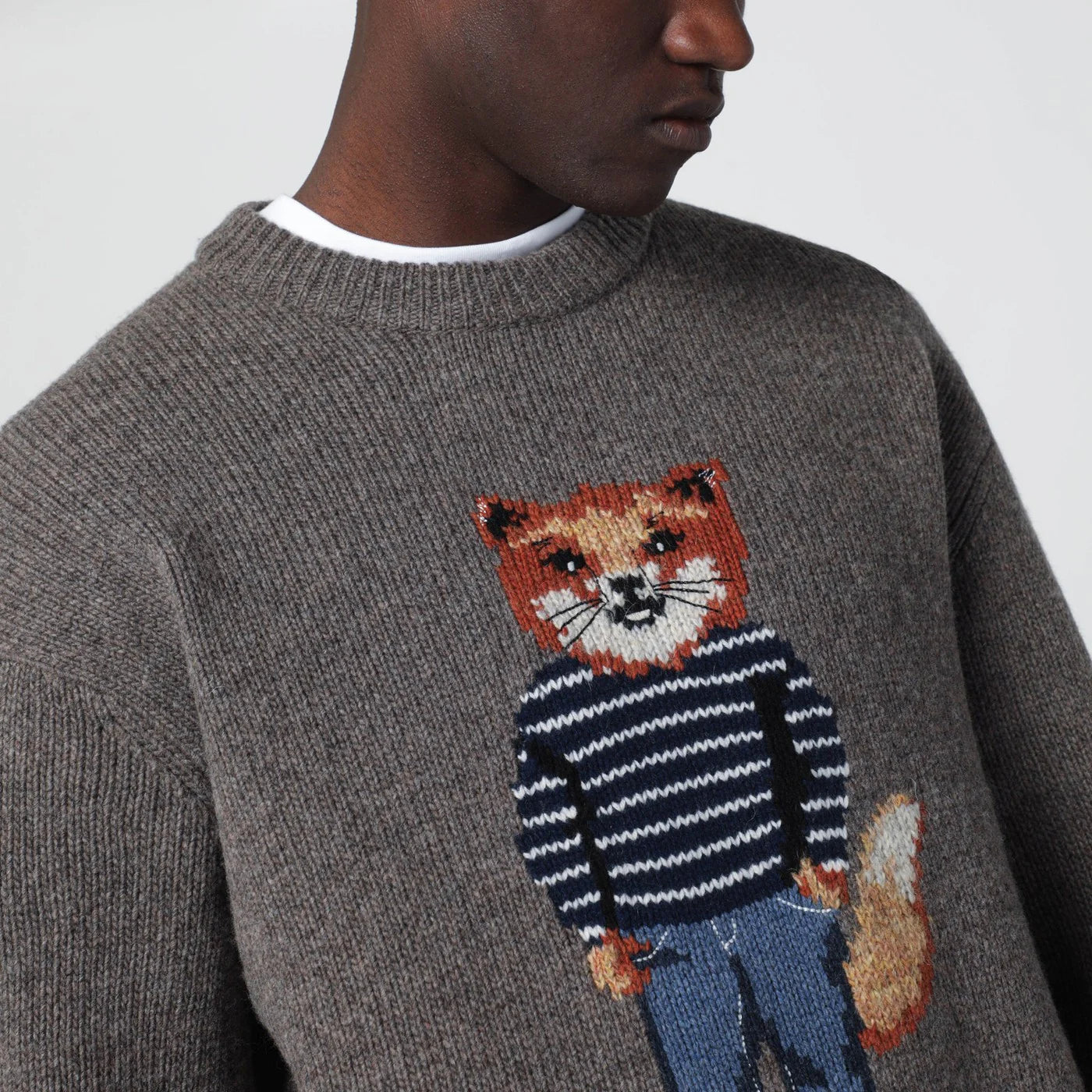 Maison Kitsuné Grey mélange sweater with Dressed Fox intarsia