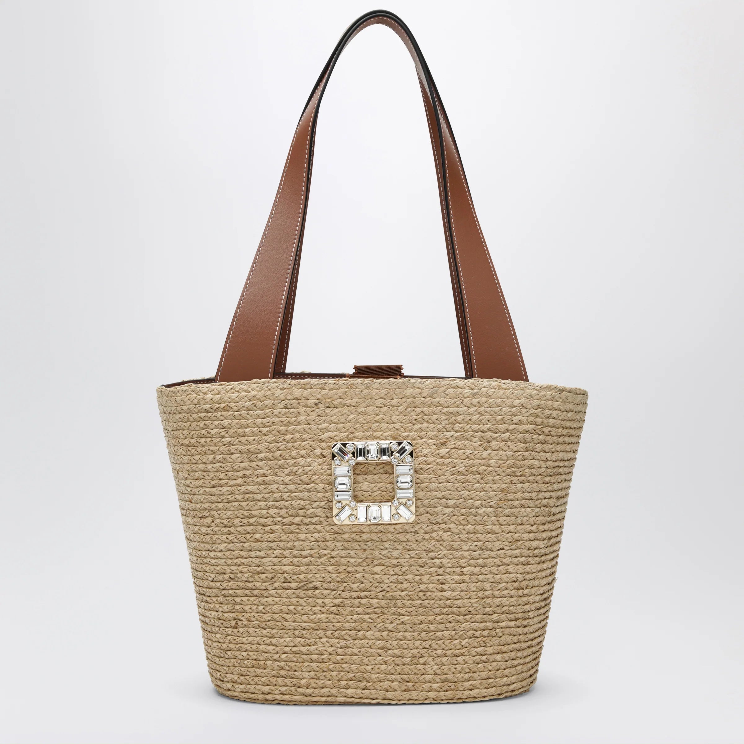 ROGER VIVIER Viv' Skate Shopping Bag in Beige/Cognac Raffia