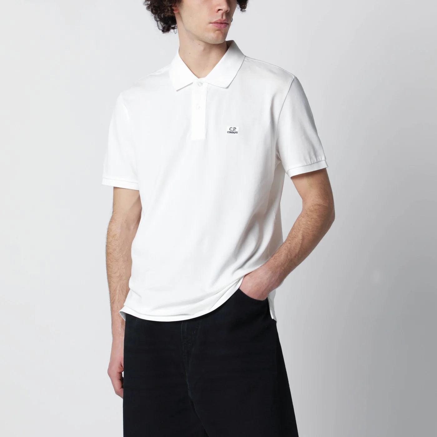C.P. Company White polo shirt with logo patch