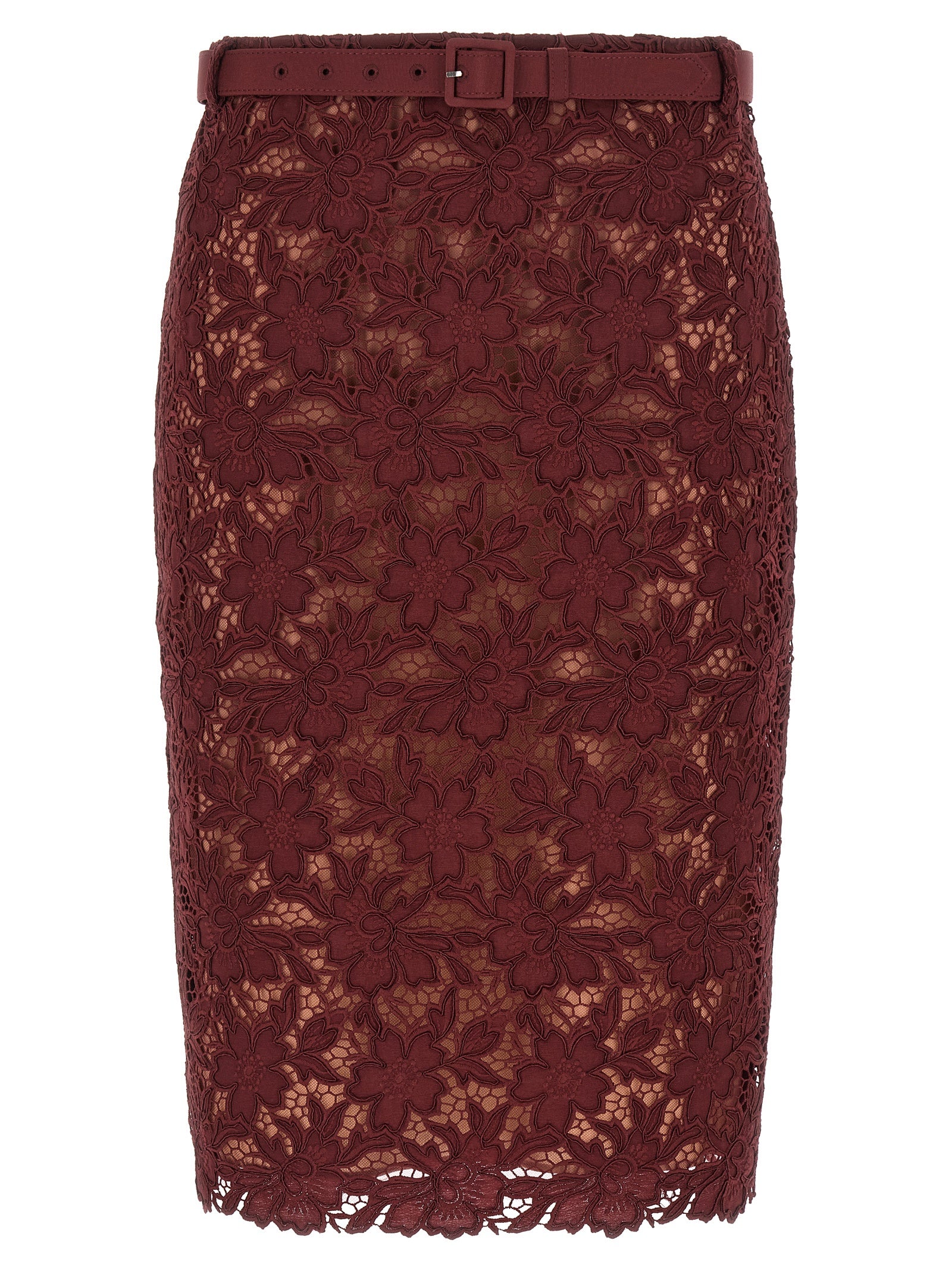 Self-Portrait Burgundy Guipure Lace Midi Skirt