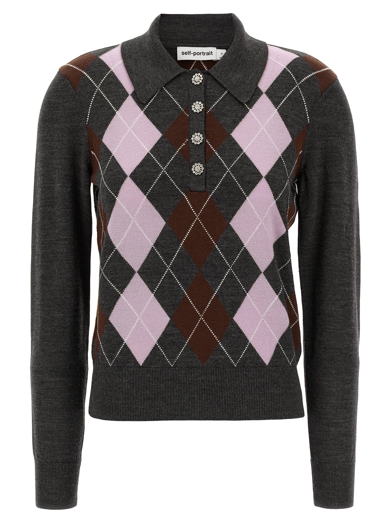 Self-Portrait Grey Argyle Lightweight Sweater